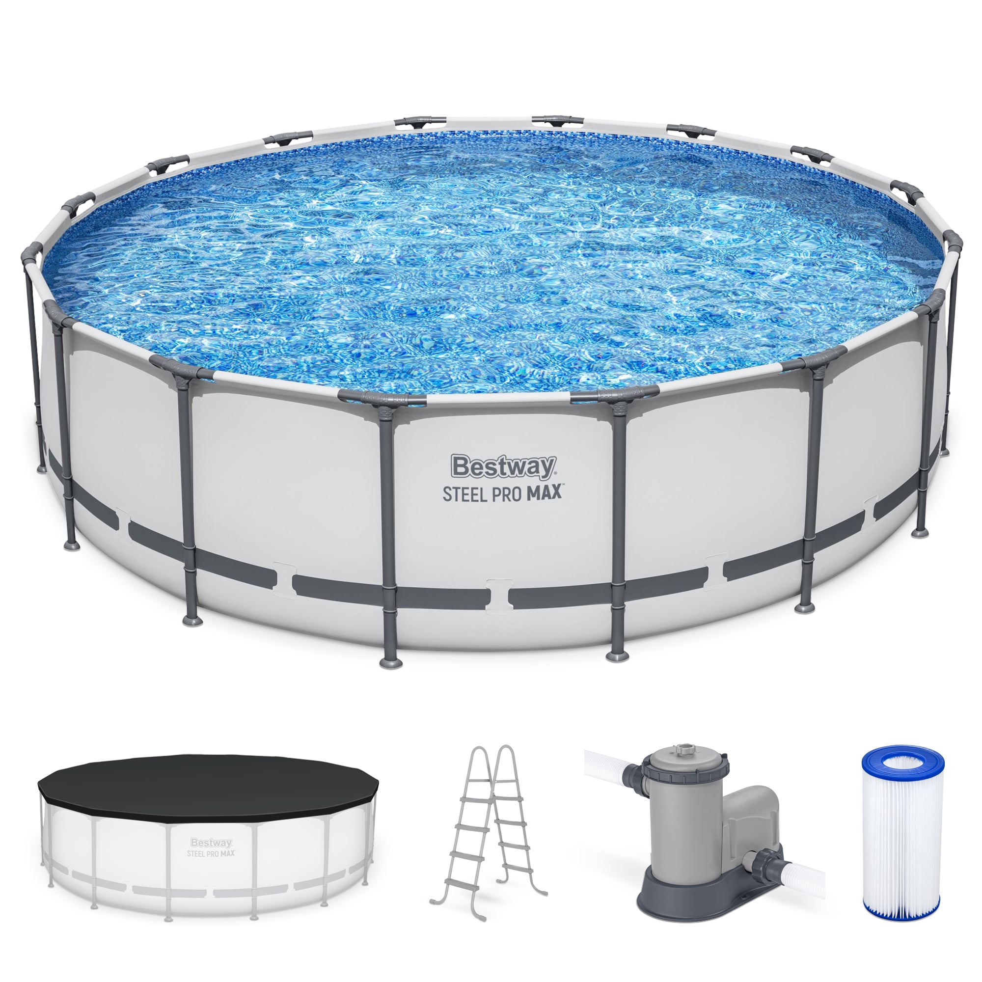 Bestway 207558 16-ft x 16-ft x 48-in Steel wall panels Round Above-Ground Pool with Filter Pump with Pool Cover with Ladder