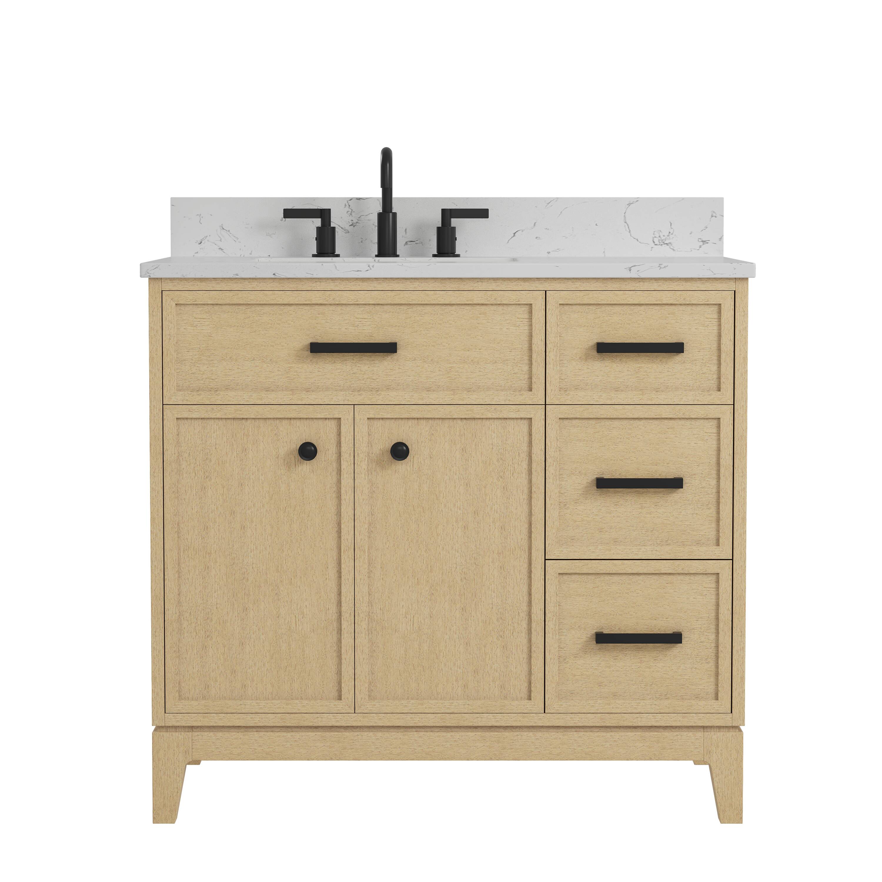 DELUXE LIVING V0061 Serbia 36-in Light Oak Undermount Single Sink Bathroom Vanity with White Engineered Stone Top