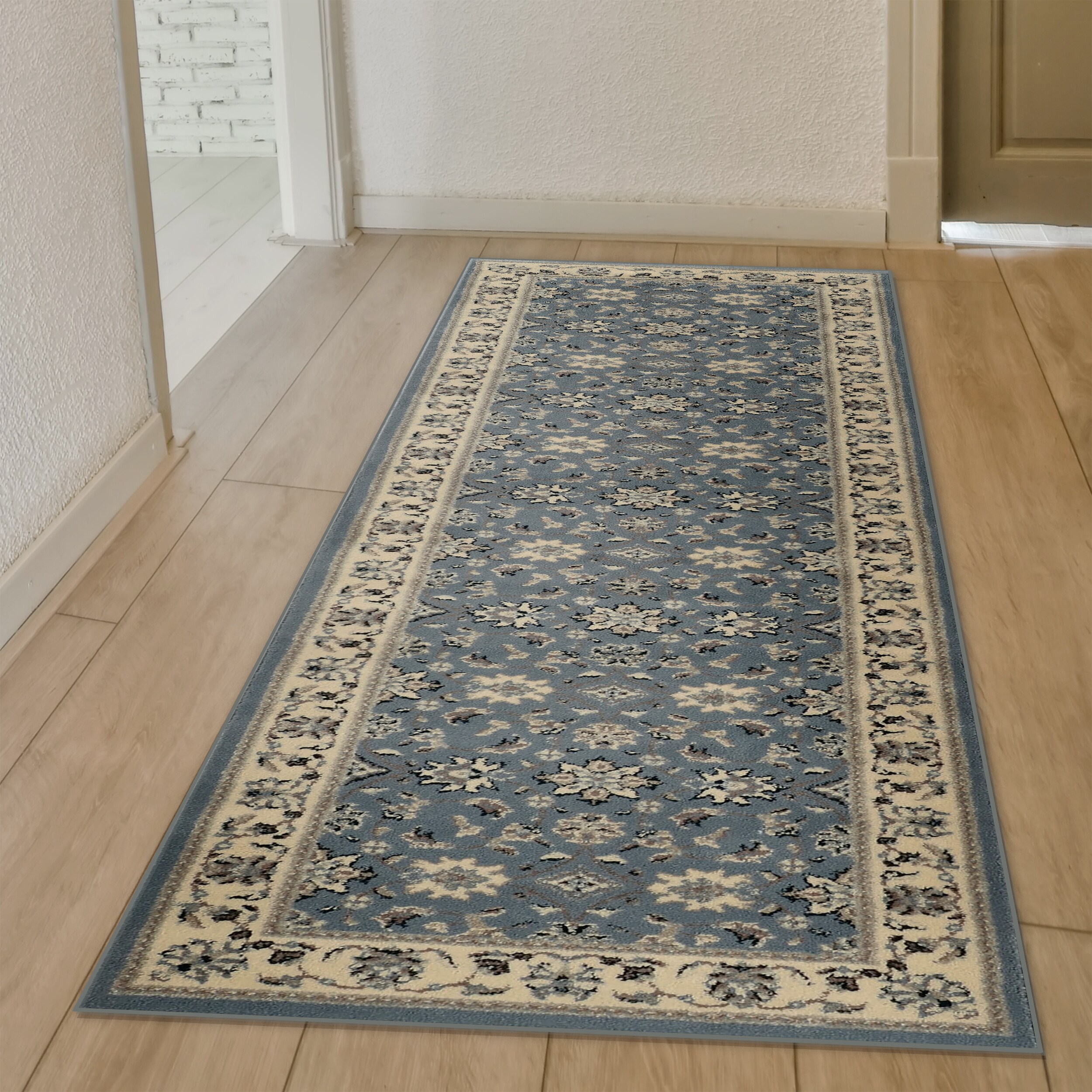 Radici USA 1592/1404/GREYBLUE Alba 2 x 8 (ft) Polypropylene Gray blue Rectangular Indoor Floral/Botanical Oriental Runner rug