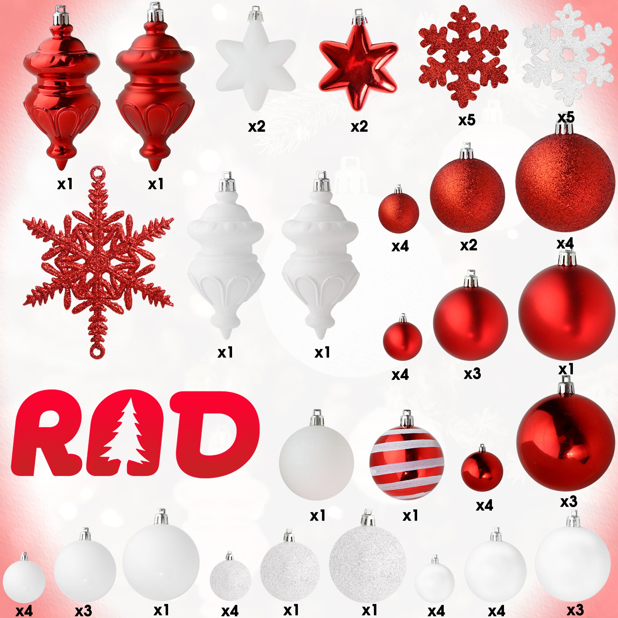 Red and White Shatterproof Plastic Christmas Ornament Set - 76 Pieces