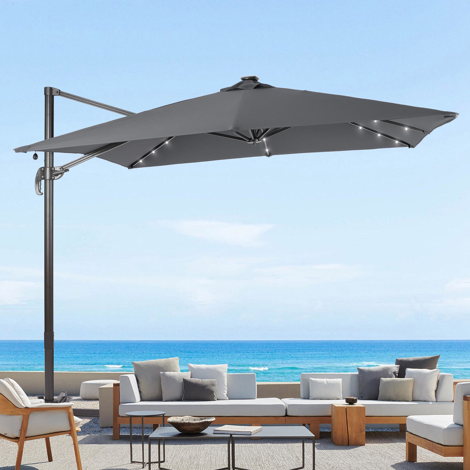Sonkuki SD-MN99LY-LED 9-Feet Aluminum Gray No-tilt Cantilever Patio Umbrella with Lights and