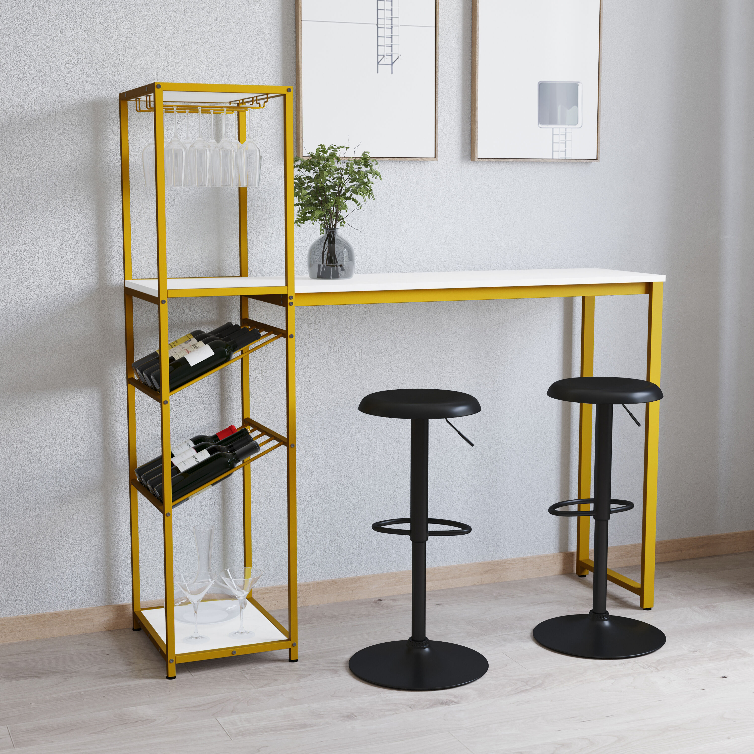 Merrick Lane - Kramer Metal Bar and Wine Table with Bottle Storage and Hanging Stemware Holders i...
