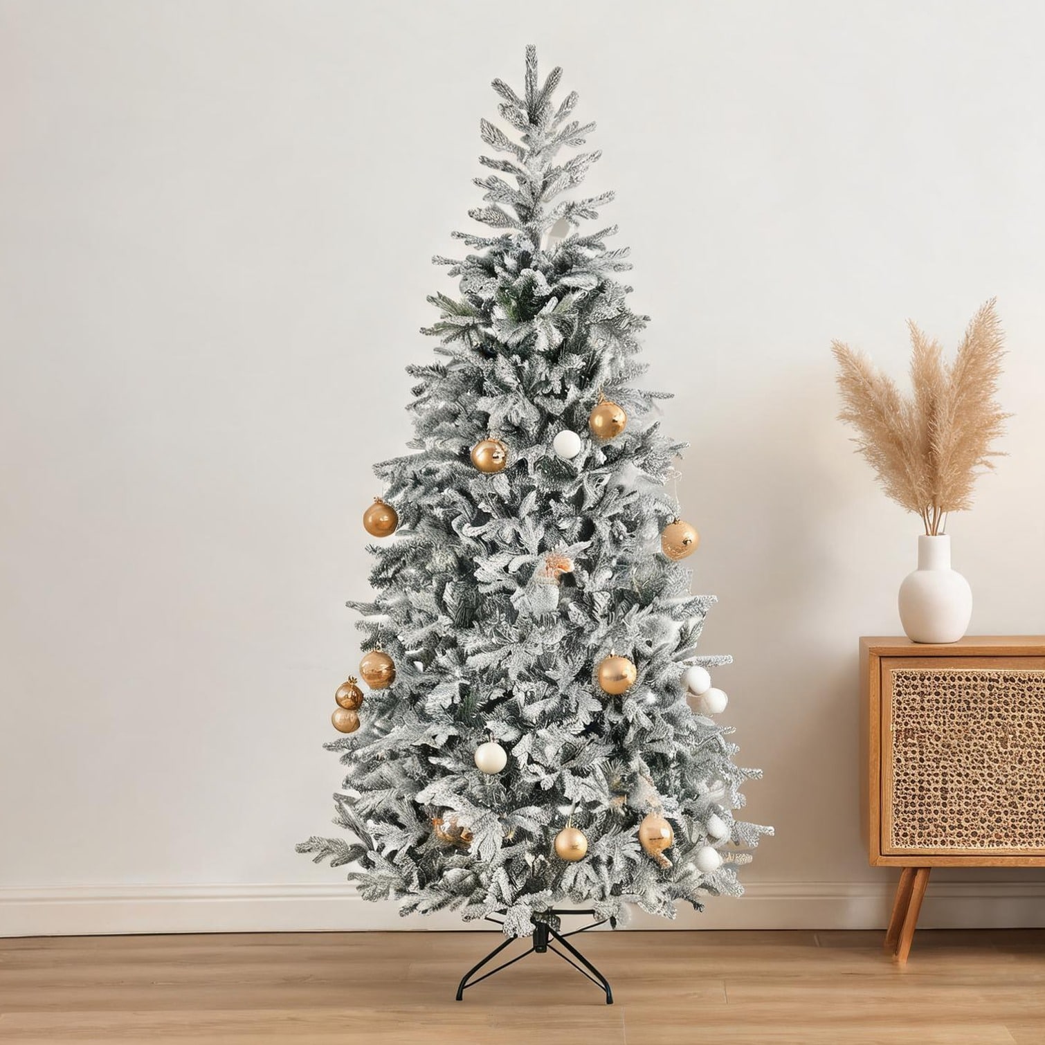 FlowLuxe Flocked artificial spruce Christmas tree 9 ft easy auto-open assembly soft green