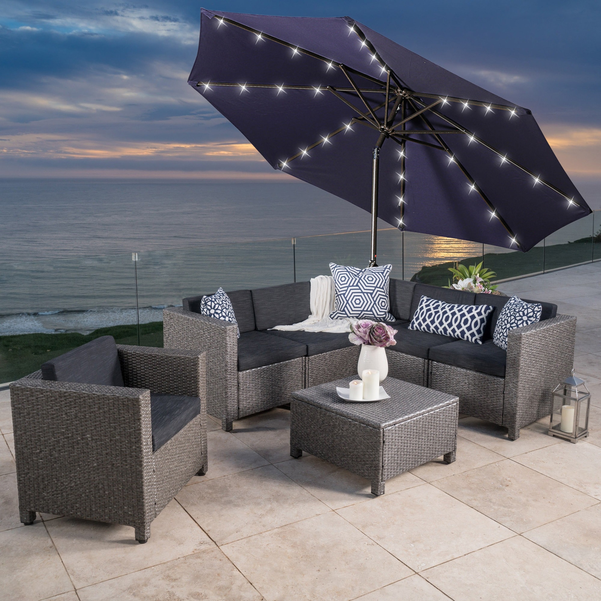 CASAINC WF-SM-LED048NY 9-ft Steel Navy Crank Garden Patio Umbrella with Lights