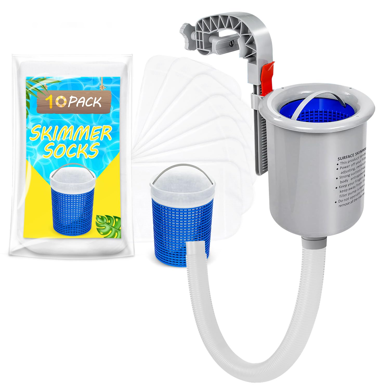 Justincity  Above Ground Pool Skimmer Kit with 10 pcs Skimmer Socks Floating Surface Skimmer Basket for Inflatable Pools Removes Leaves Debris