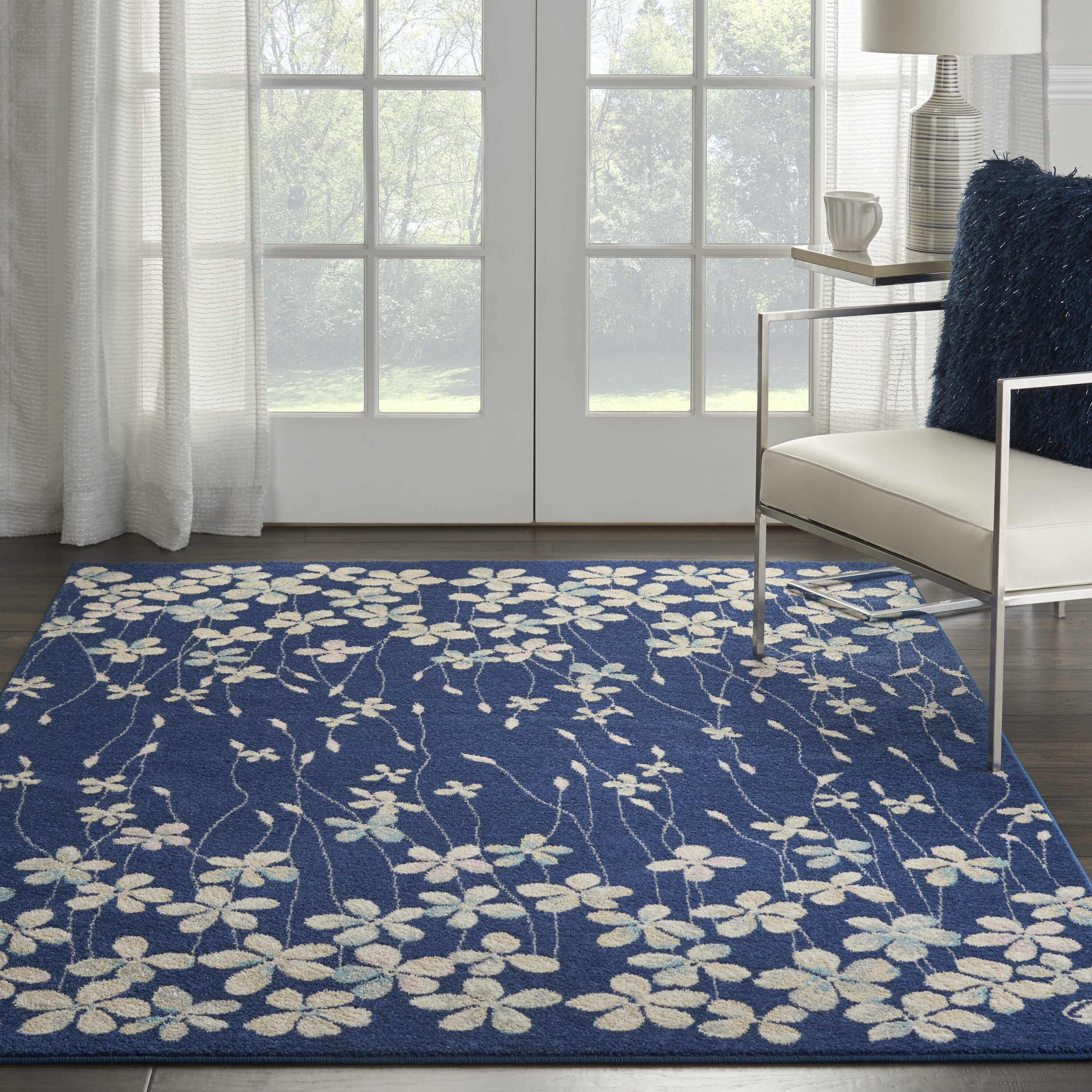 Nourison 99446484468 Tranquil 6 x 9 (ft) Loomed Polypropylene Navy Rectangular Indoor Abstract Farmhouse/Cottage Area rug