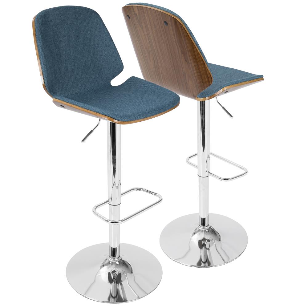 LumiSource BS-SER WL+BU Serena Walnut Wood, Blue Fabric 46-in H Tall Upholstered Swivel Metal Bar Stool