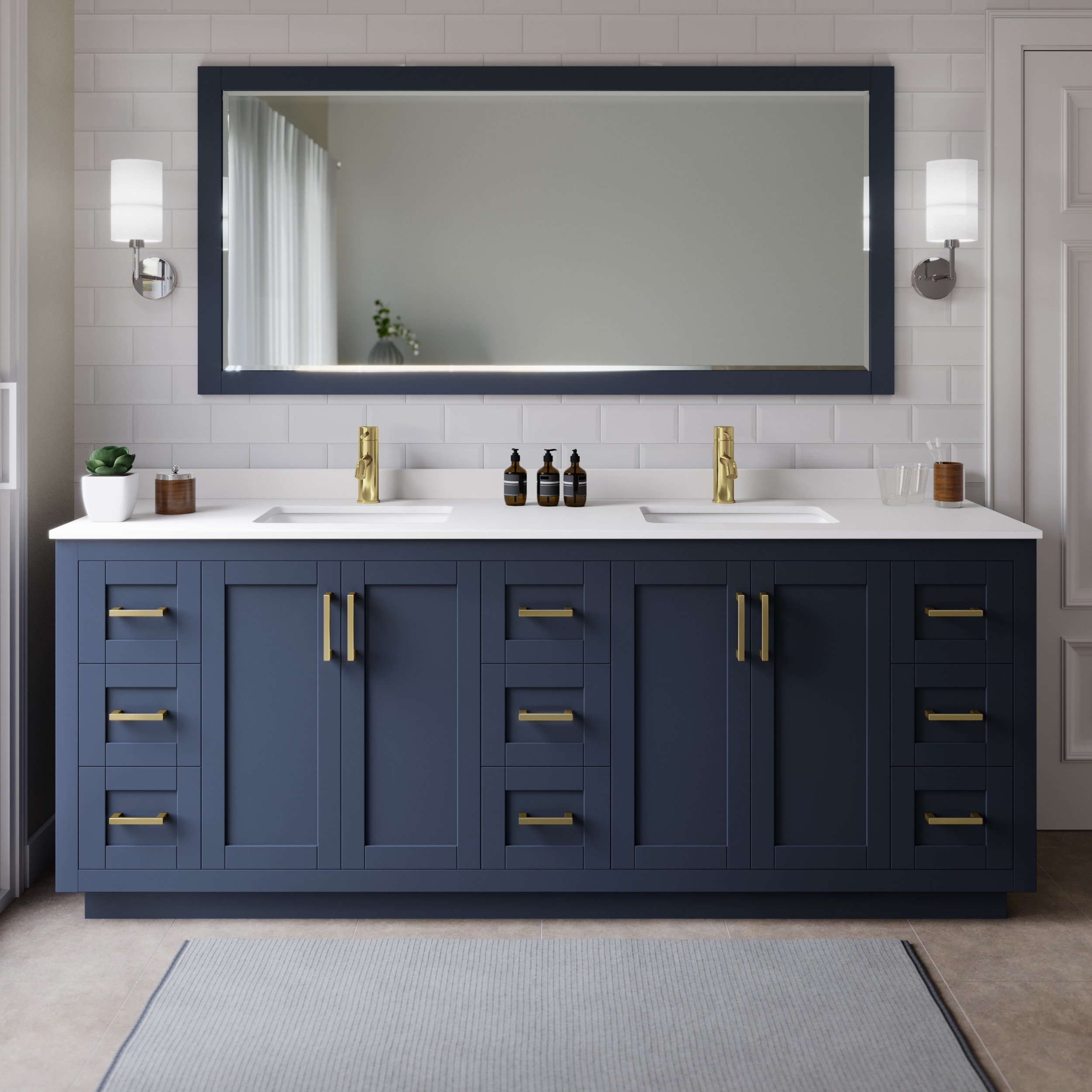 Wyndham Collection WCF292984DBLWCUNSM70 Miranda 84-in Dark Blue with Brushed Gold Trim Undermount Double sink Bathroom Vanity with White Cultured Marble Cultured marble Top (Mirror Included)