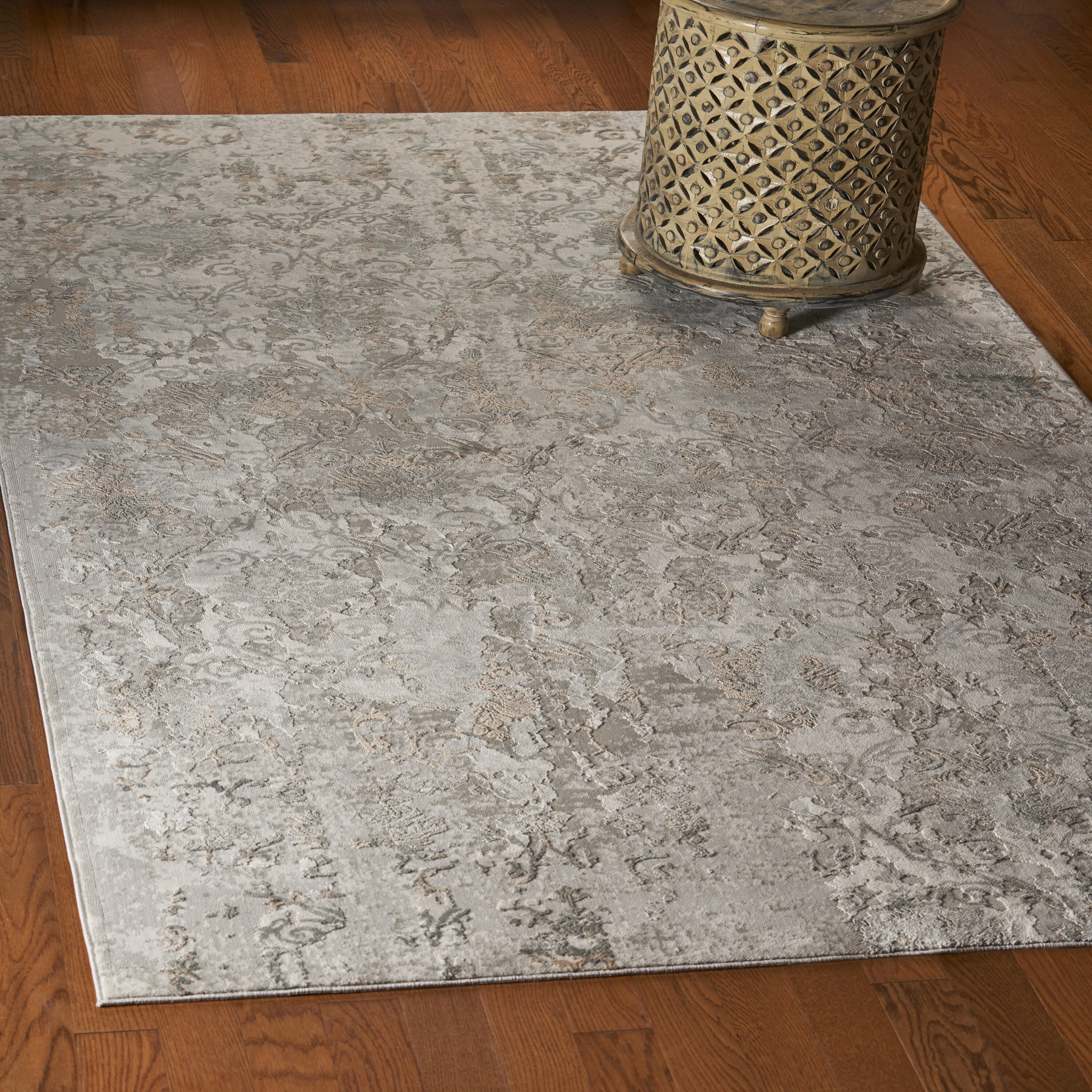 Gray and Cream Floral Damask Wool Area Rug