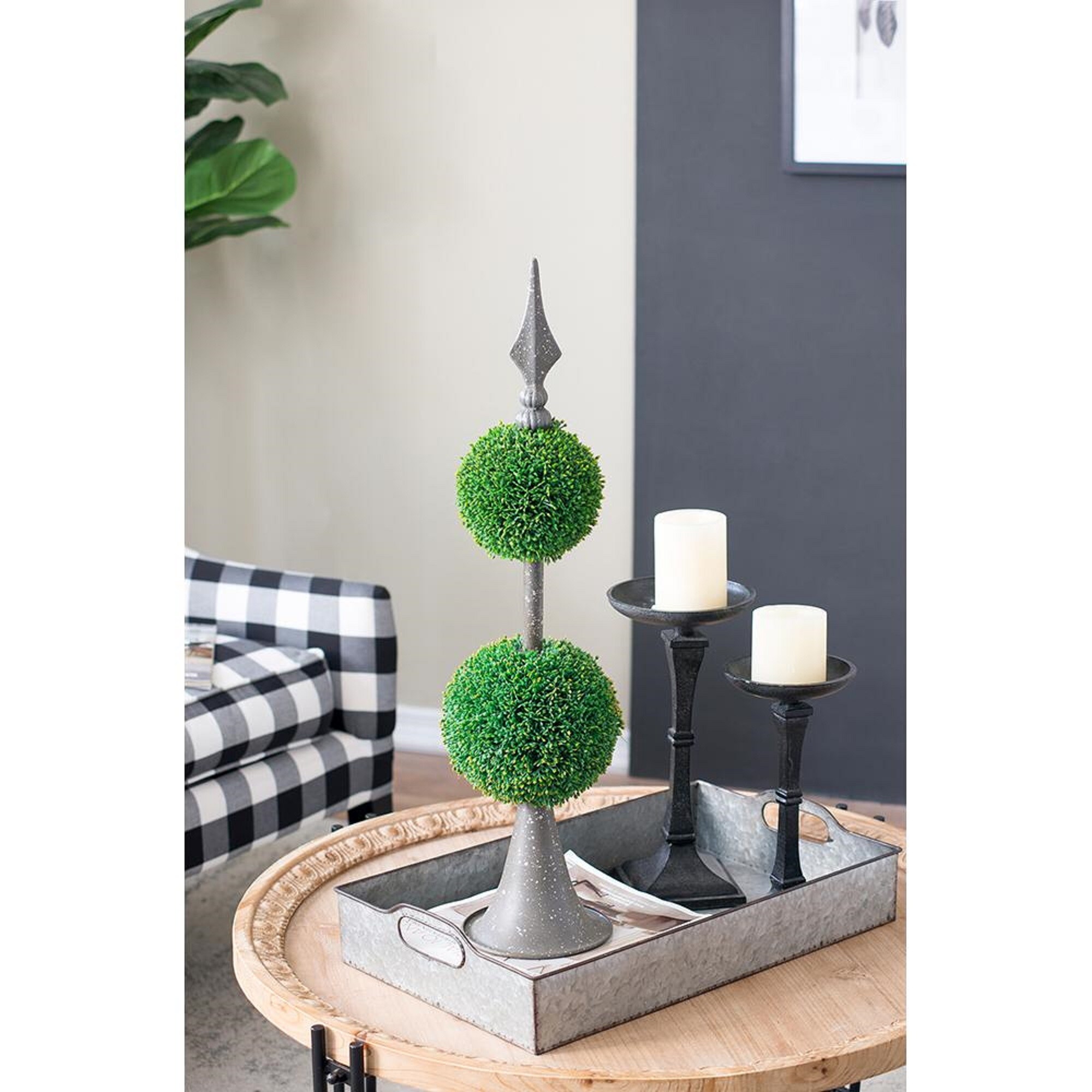 Antique Bronze and Green Faux Boxwood Double Sphere Topiary