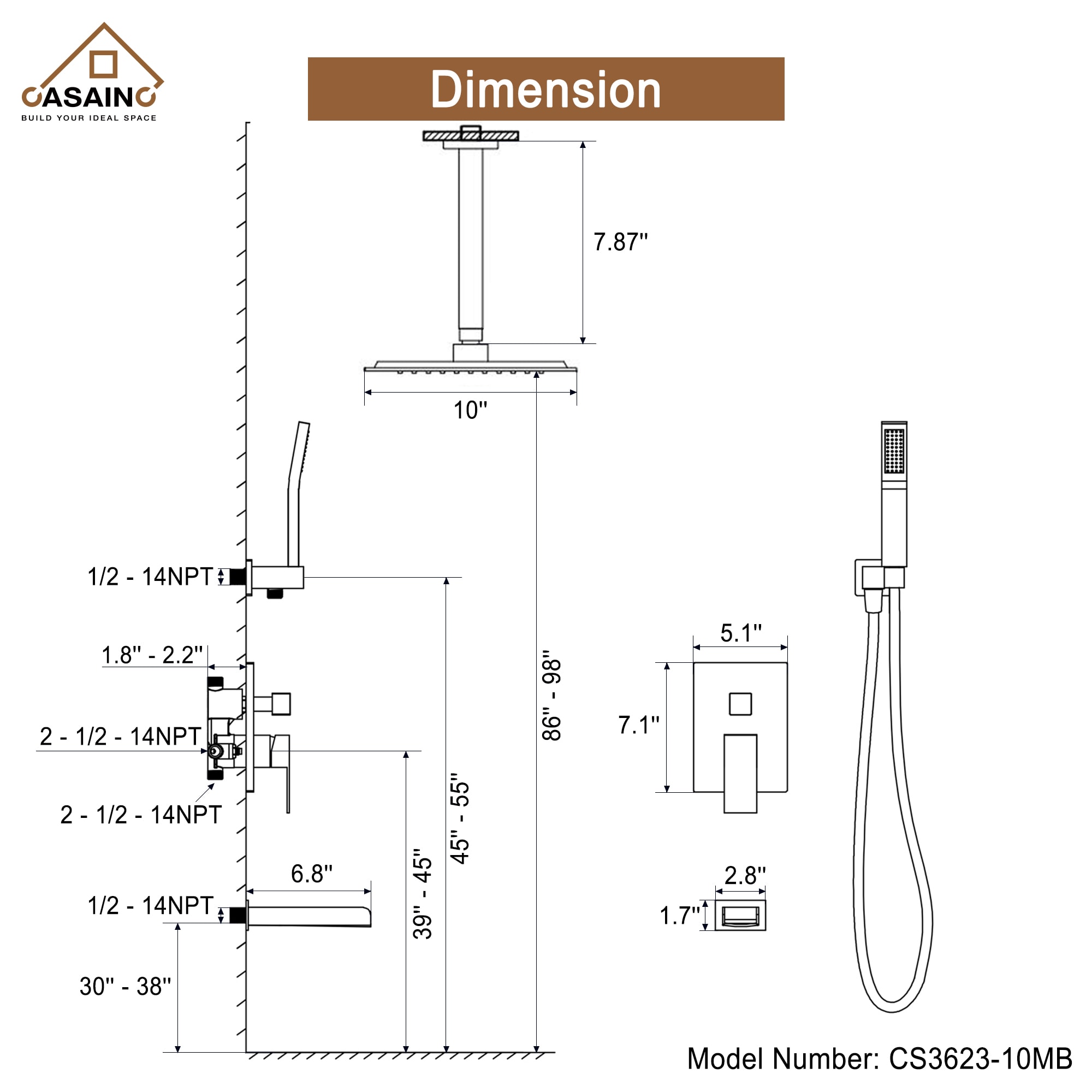 CASAINC CS3623-10MB Showerhead-Bar-Panels - View #4