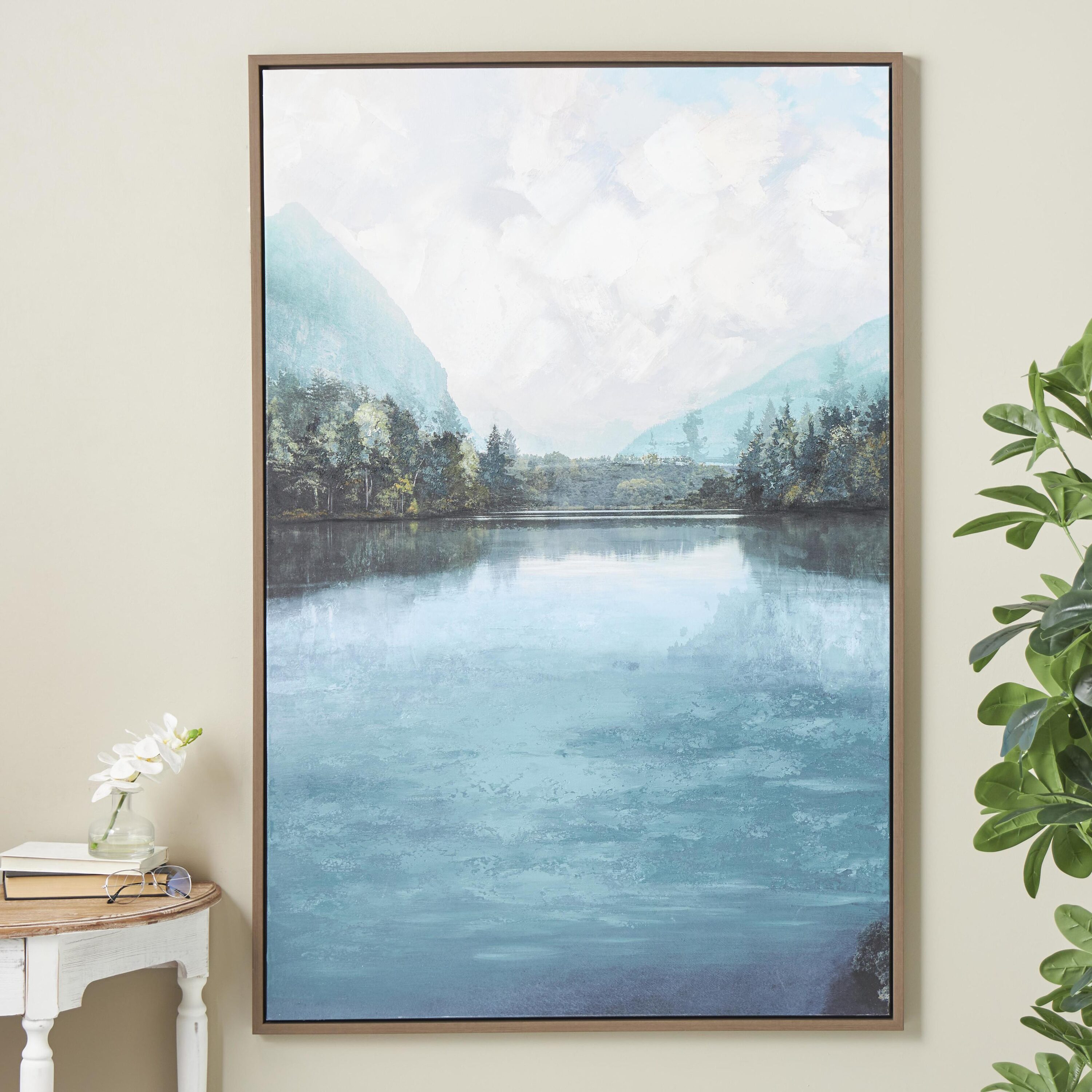 Grayson Lane 822520 59 In. x 40 In. Lake Framed Wall Art Blue Canvas Landscape Lake Brown Plastic Framed 59-in H x 39.5-in W Abstract Canvas Painting