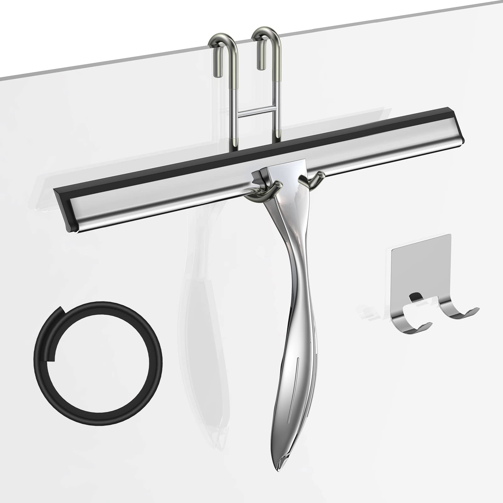 Ahfiwaso  Shower Squeegee for Glass Door 12-Inch Stainless Steel Bathroom Window Wiper with Hook and Spare Silicone Blade for Mirror Car and All