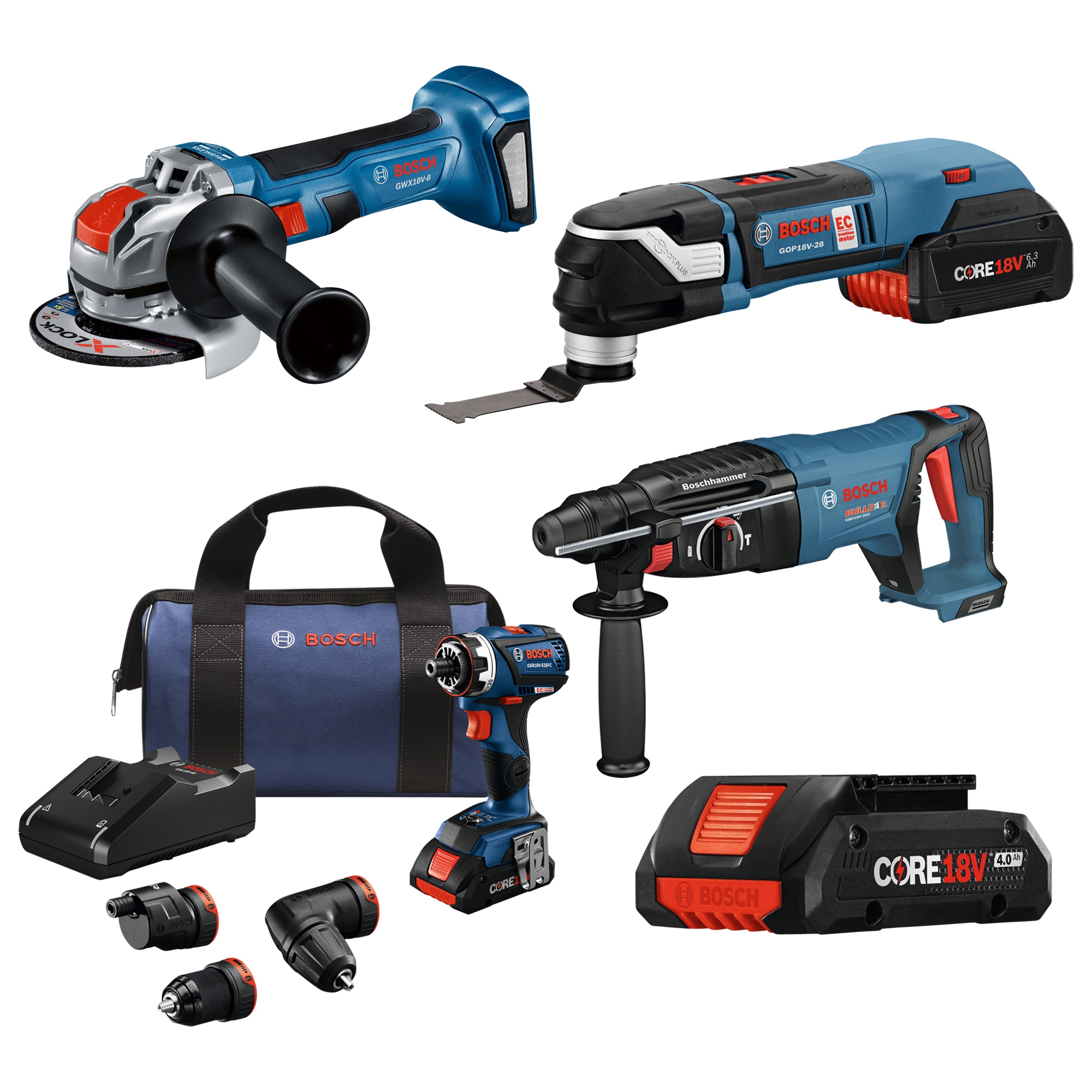 Smerig schaal uitvinden Shop Bosch 18V Brushless 5-Tool Kit w/ Chameleon 5-in-1 Drill Driver/  Starlock Oscillating Tool/ X-Lock Grinder/ Rotary Hammer/ 2x4.0ah Batteries  with Charger and Bag at Lowes.com