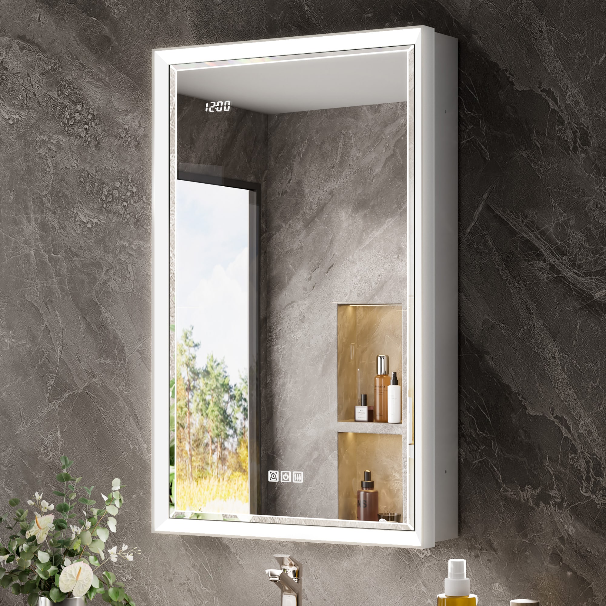 QueenFun BLMB2032 Anglora 20.03-in x 32-in Lighted LED Fog Free Surface/Recessed Mount Silver Mirrored Rectangle Soft Close Medicine Cabinet