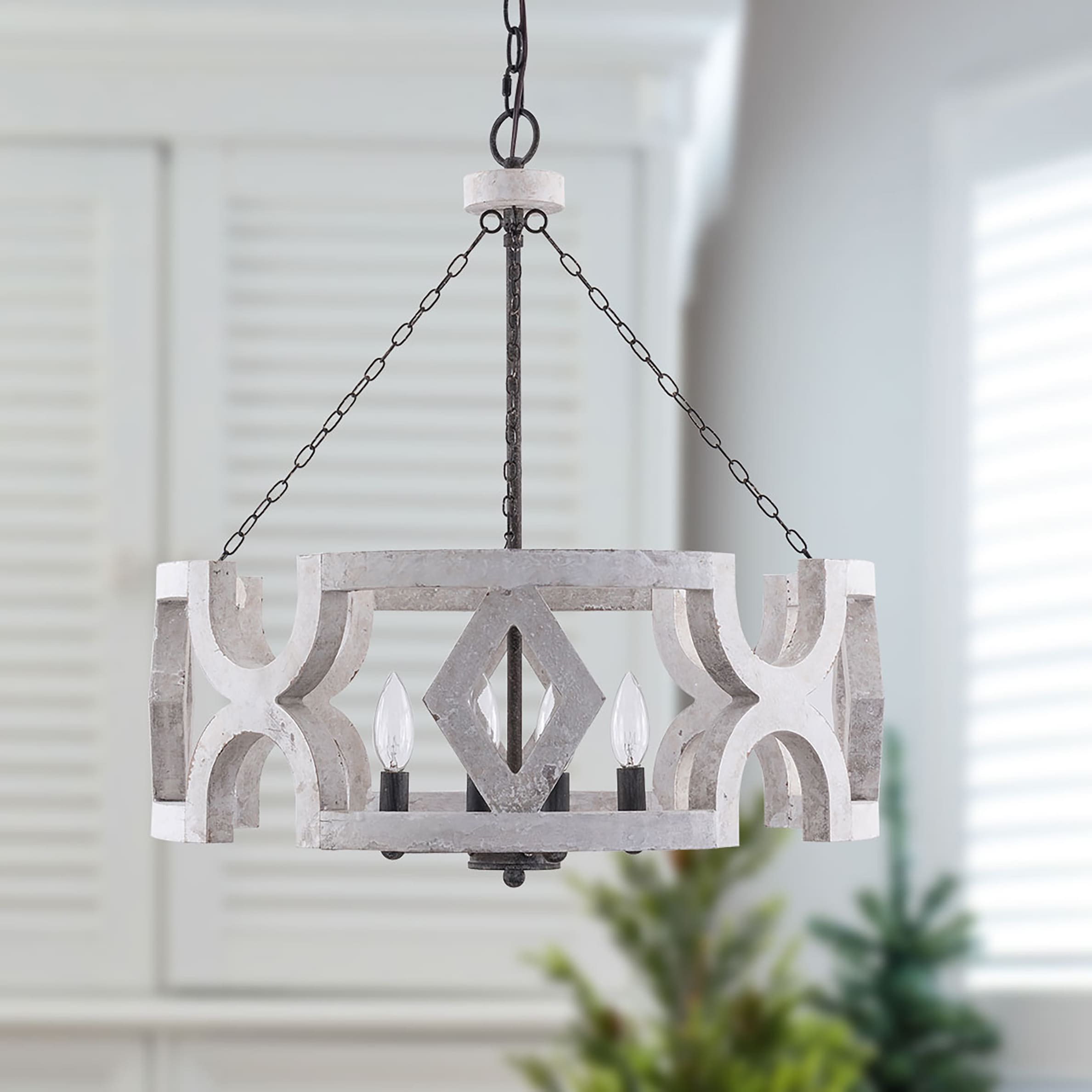 Cusp Barn FC4024-4W FC4024 4 -Light Brushed White Farmhouse Cage Wood For Use in Bedrooms, Dining Rooms, Foyers, Kitchens, Living Rooms Chandelier