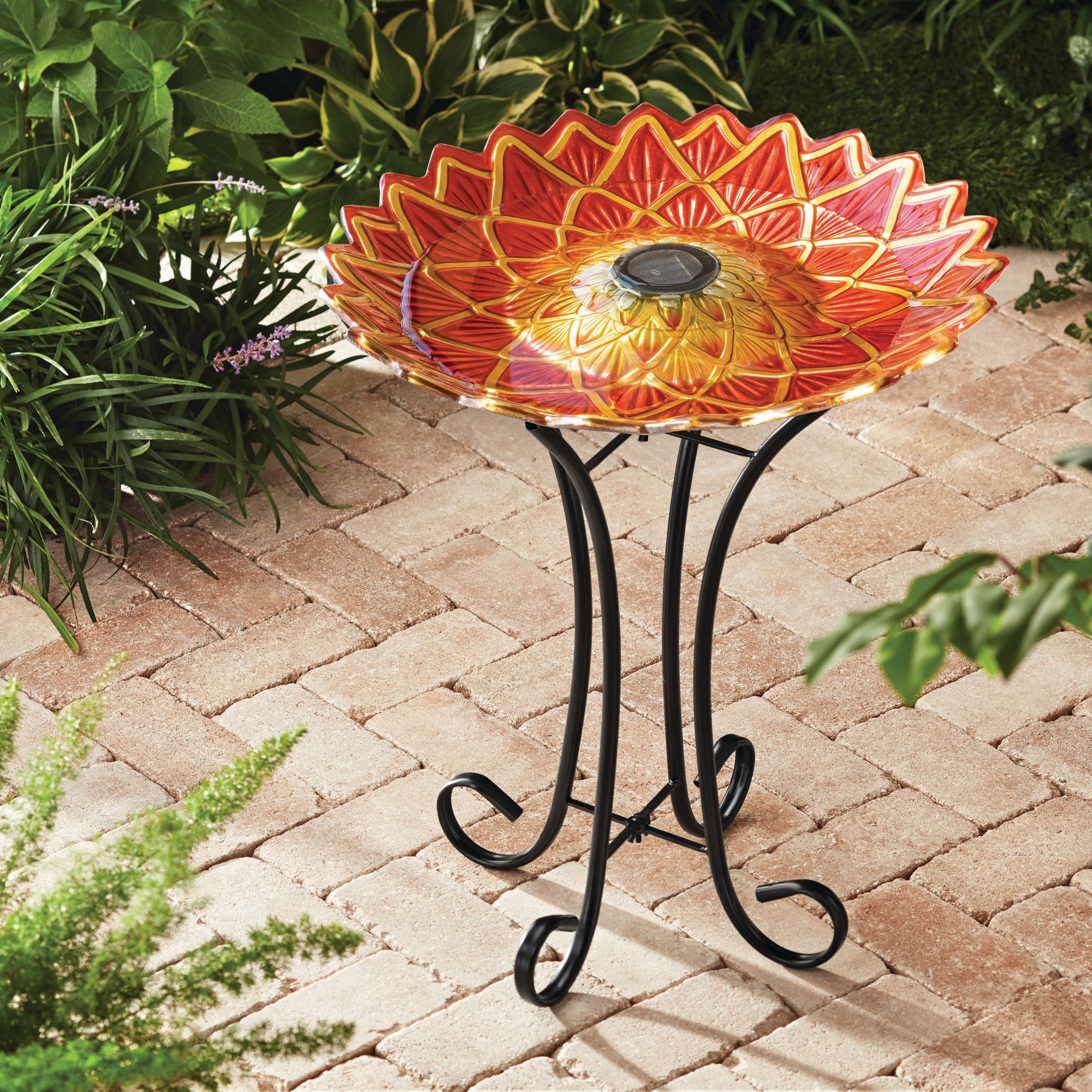 Red and Gold Glass Birdbath with Solar Light and Metal Stand