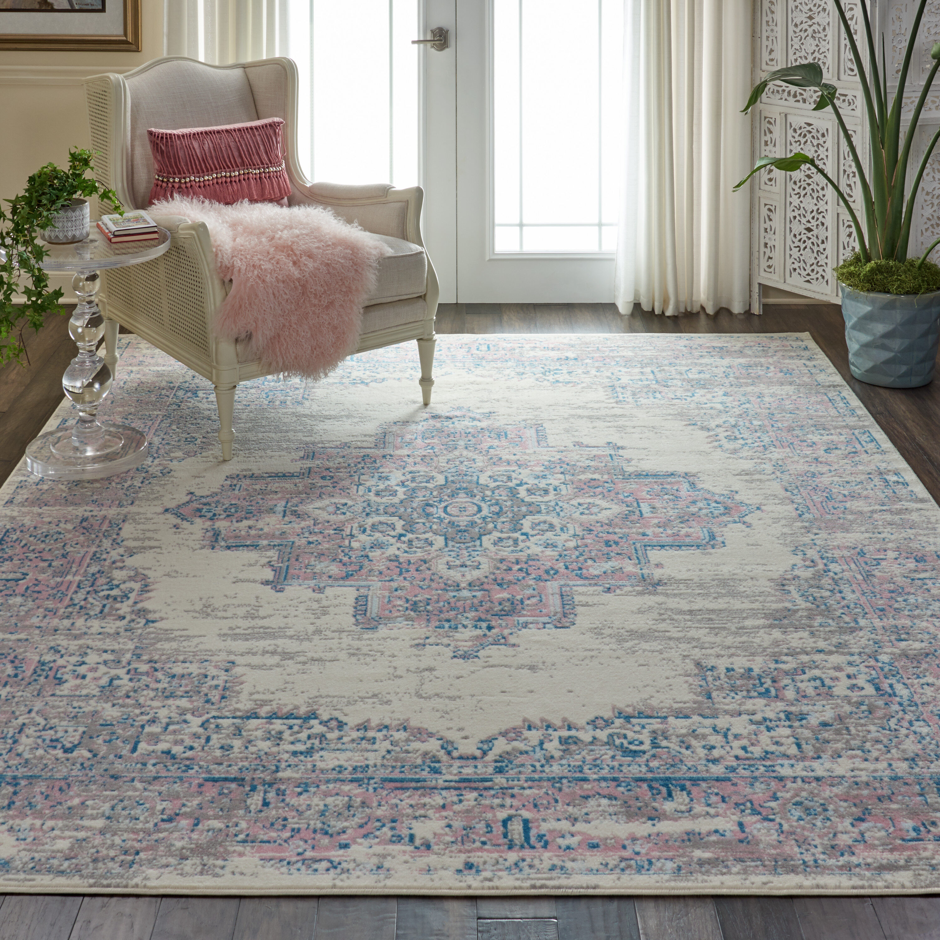 Nourison 99446326065 Grafix 7 x 10 (ft) Loomed Polypropylene Pink Rectangular Indoor Medallion French Country Area rug