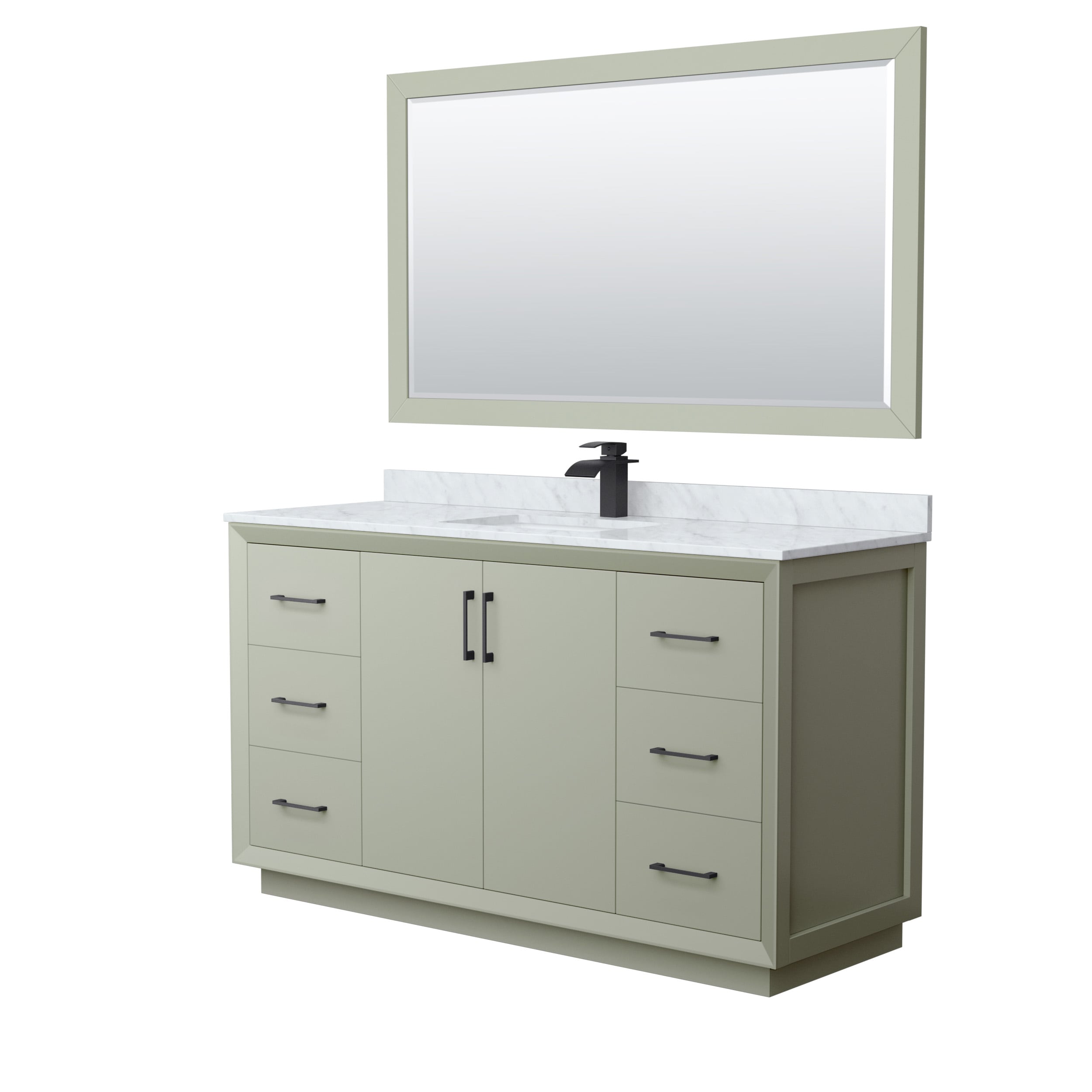 Wyndham Collection WCF414160SLBCMUNSM58 Strada 60-in Light Green with Matte Black Trim Undermount Single Sink Bathroom Vanity with White Carrara Marble Natural Marble Top (Mirror Included)