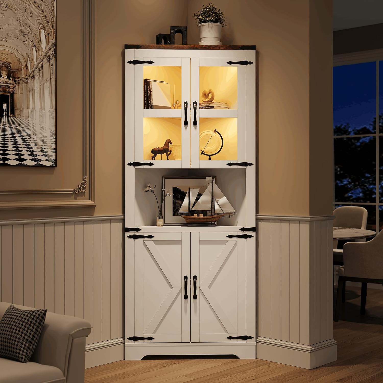 Assile 67 in White Tall Corner Storage Cabinet with Lights Glass Doors and Adjustable Shelves for Home
