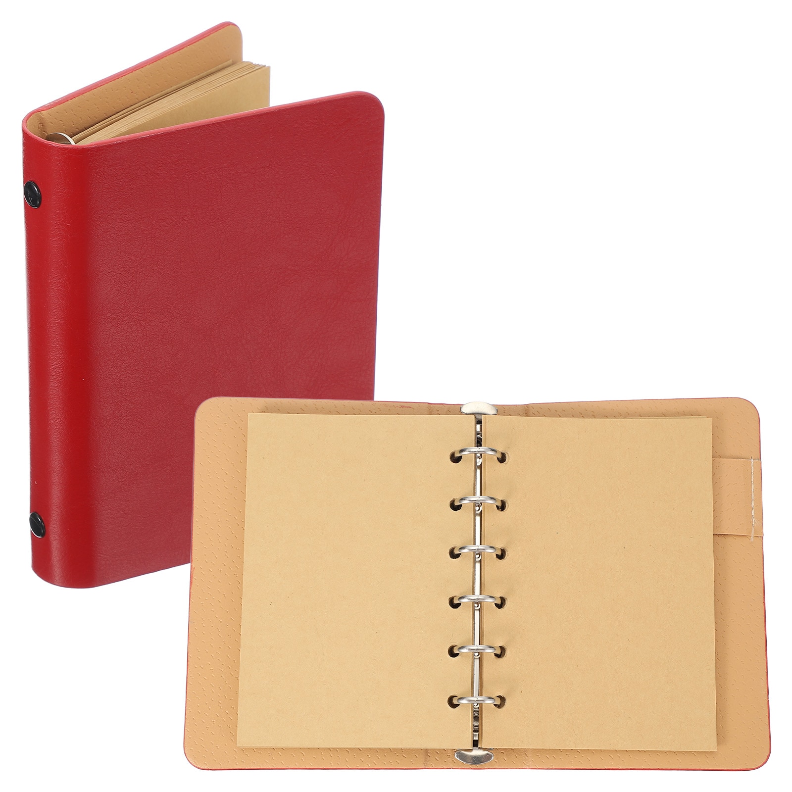 PATIKIL 6 Ring Binder Cover 1pc A7 Kraft Leather Notebook Binder Mini Refillable Loose Leaf Personal Planner with 50 Sheets Paper Red