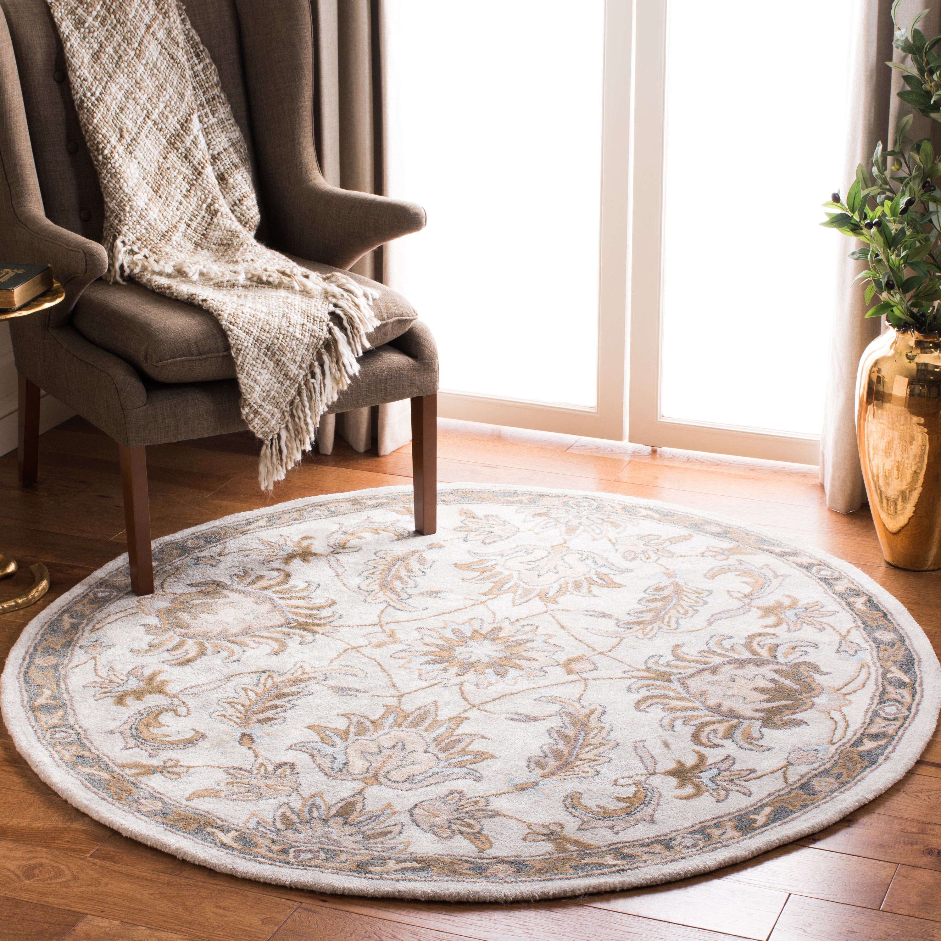 Handmade Ivory Floral Tufted Wool Round Rug, 5' x 5'