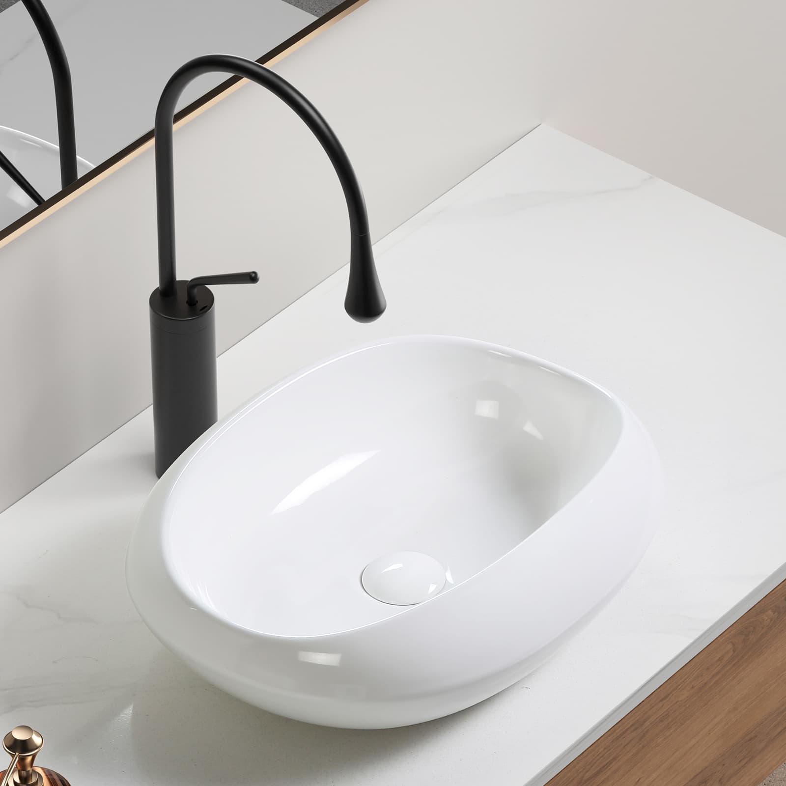 Rbied - White Oval Ceramic Vessel Sink 18.1 x 15 in Shatterproof Bathroom Basin No Faucet