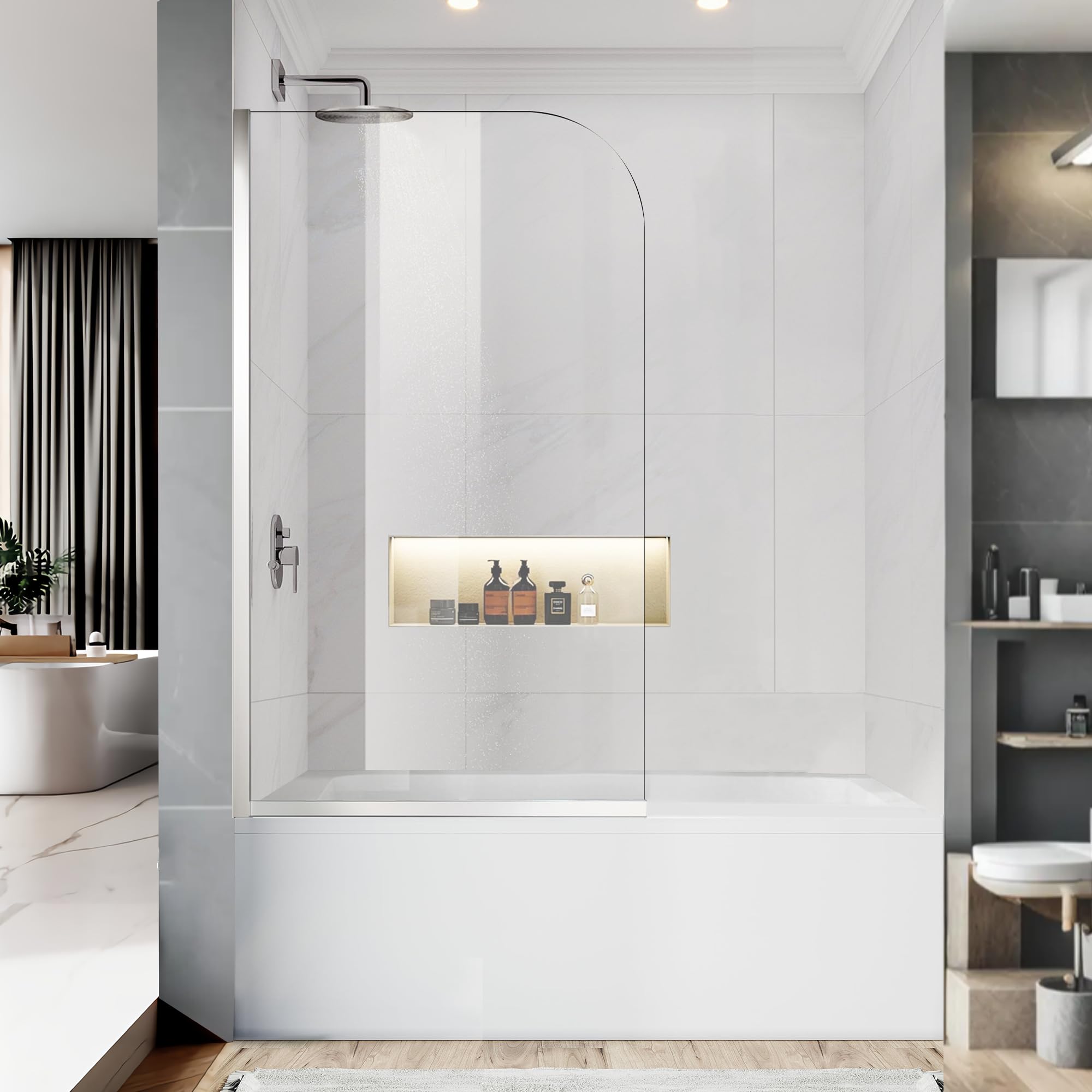 CYIKE  Bathtub Shower Glass Panel 34 W X 58 H Tub Shower Door Fixed Glass Doors in Silver with 1 4 Inch Clear Tempered Door Simple Shower Door
