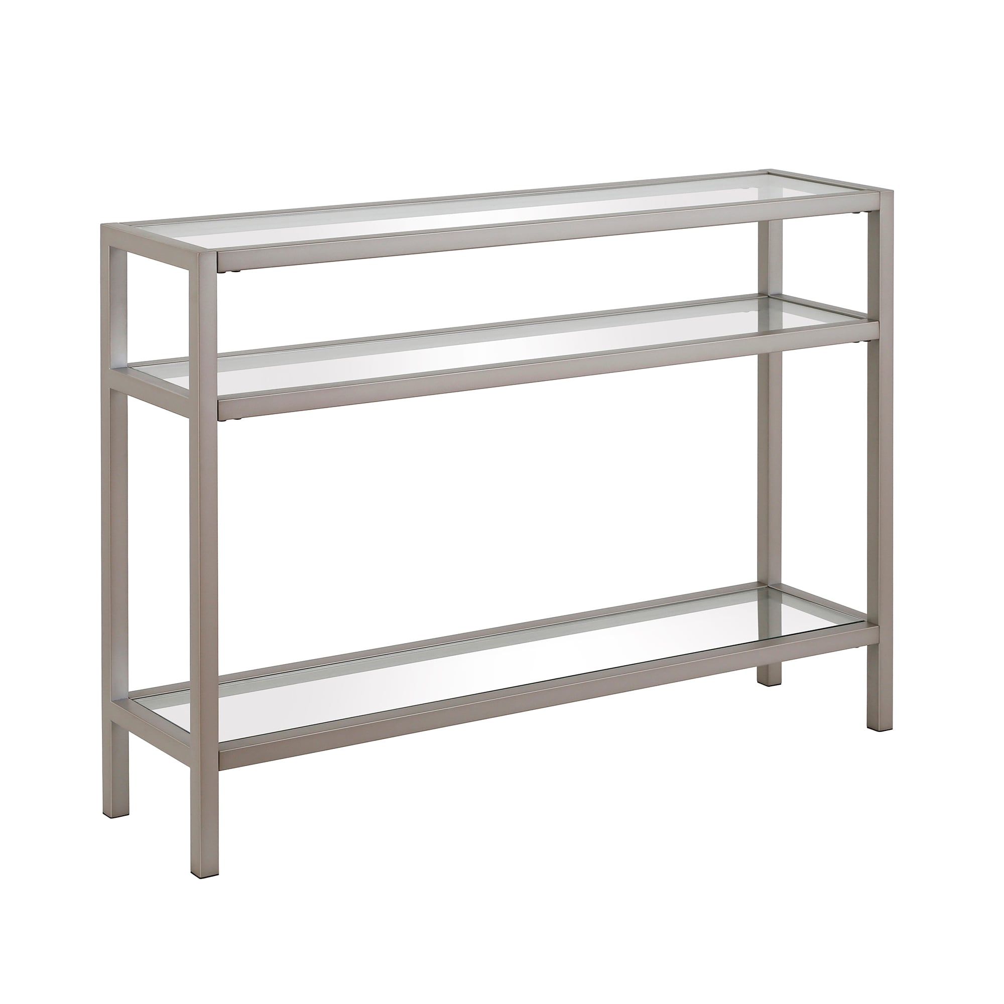 Satin Nickel Industrial Console Table with Tempered Glass Shelves