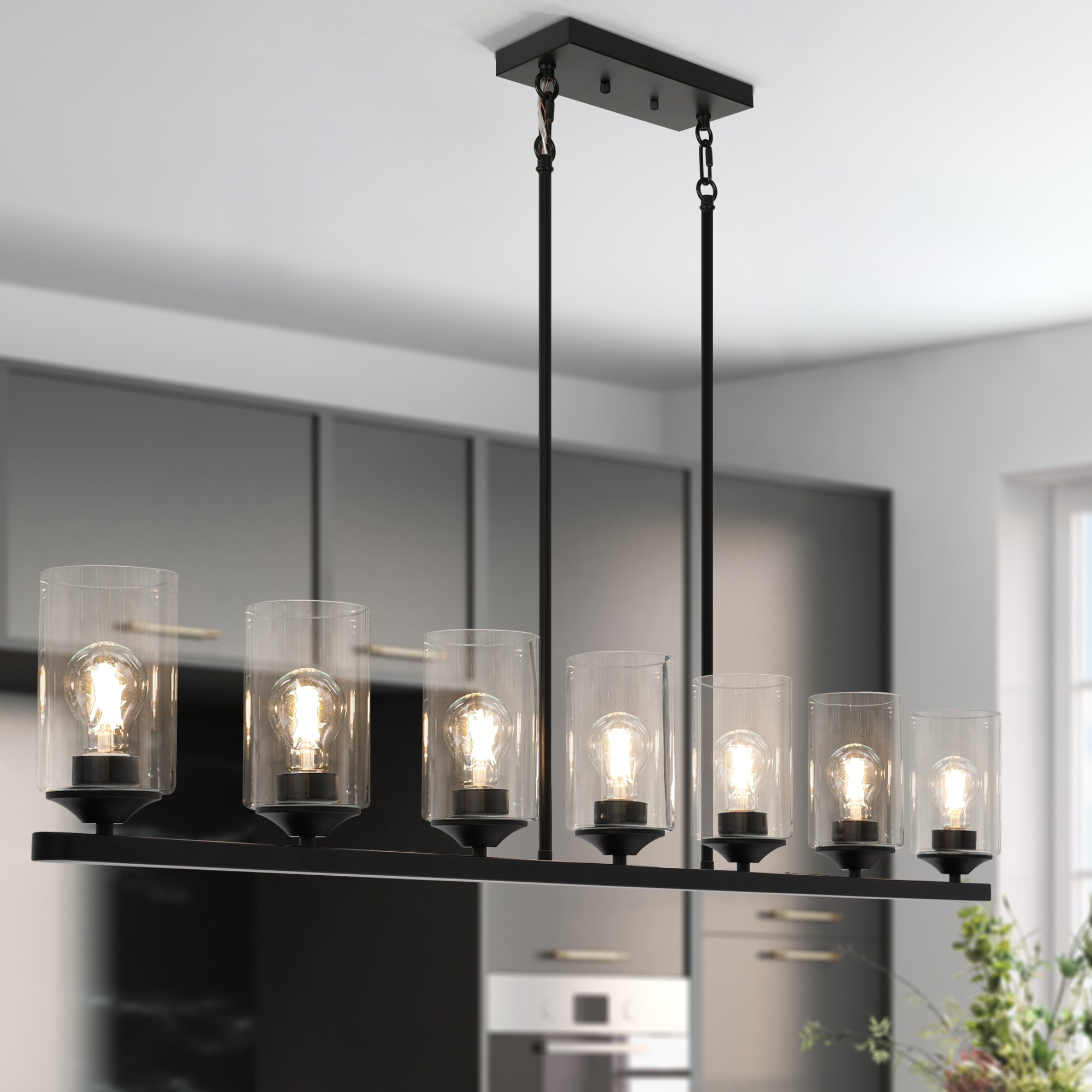 LNC LZZZB7J5338G9C Delia 7 -Light 53.1-in Matte Black with Clear Glass Farmhouse Clear glass Linear Large Hanging Kitchen island light
