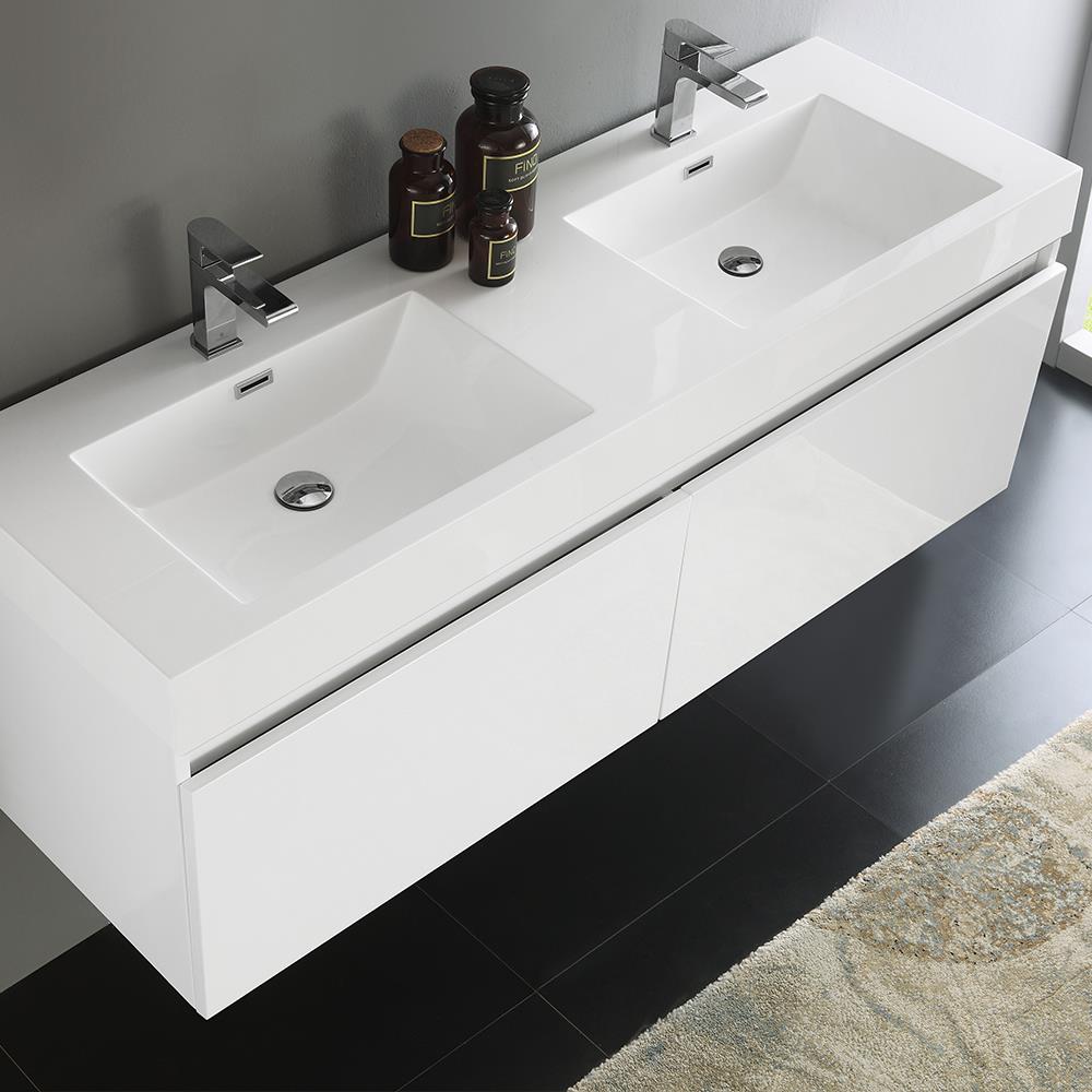 Glossy White 59" Wall-Mounted Double Sink Vanity with Acrylic Top