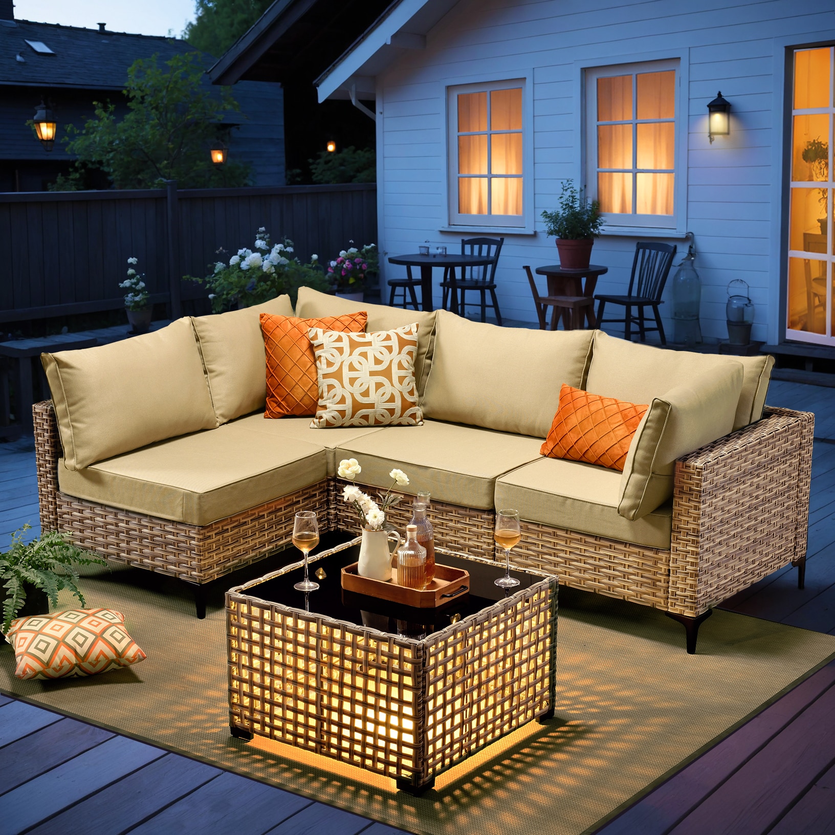 Caodoc L5-SKT605-1 SKT Rattan Outdoor Sectional with Beige Cushions and Wicker Frame