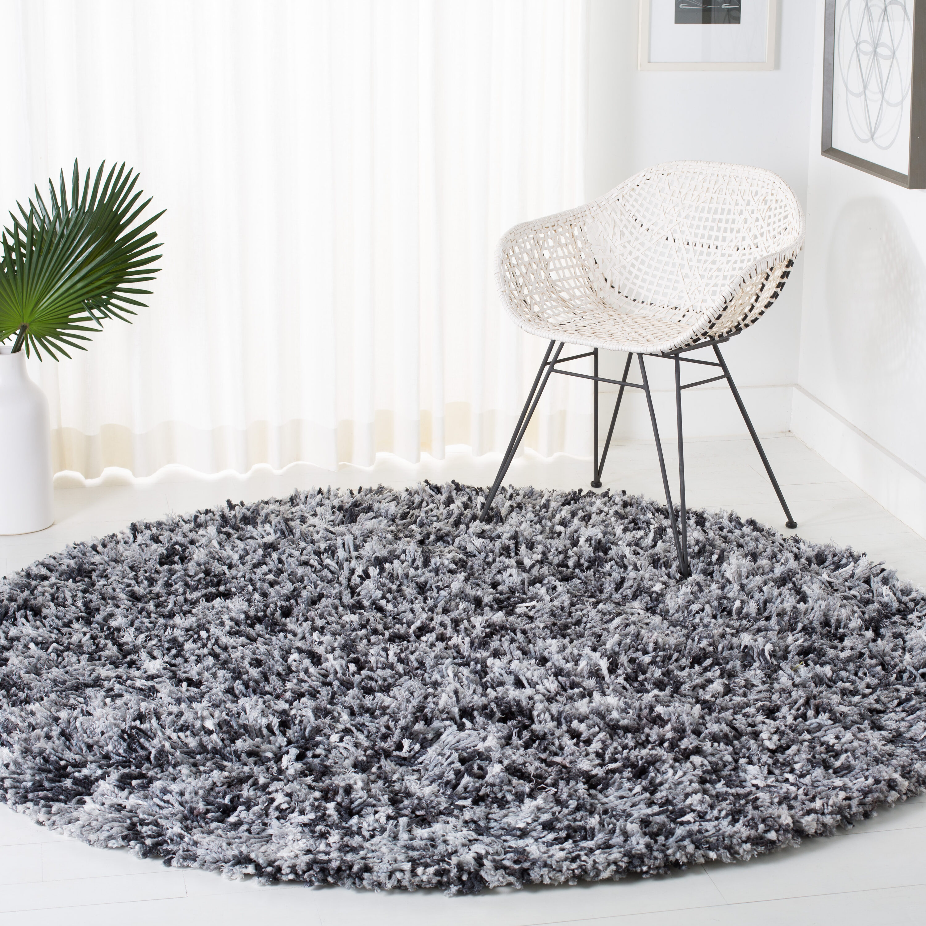 Safavieh SG960H-6R Rio Santo Shag 6 x 6 (ft) Loomed Polyester Black/Ivory Round Indoor Area rug