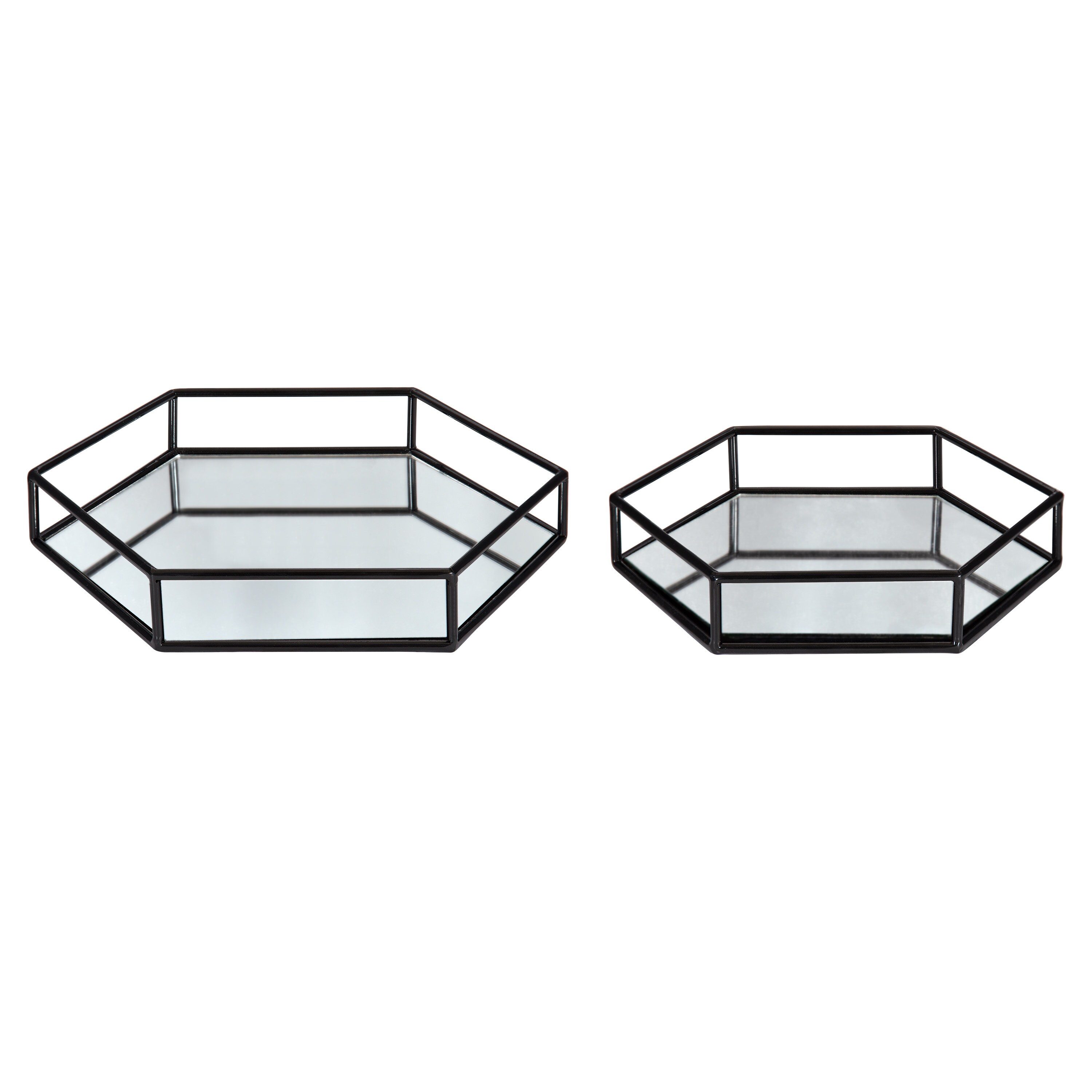 Black Hexagonal Metal and Mirrored Glass Decorative Trays, Set of 2