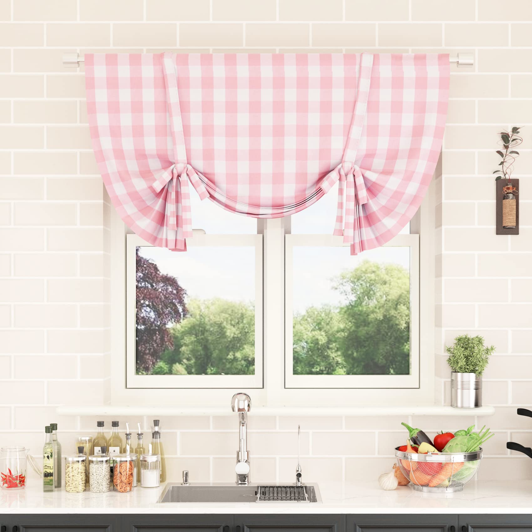 Phewnyzo Tie Up Curtain for Windows 42 x 45 Inch Pink and White Buffalo ...