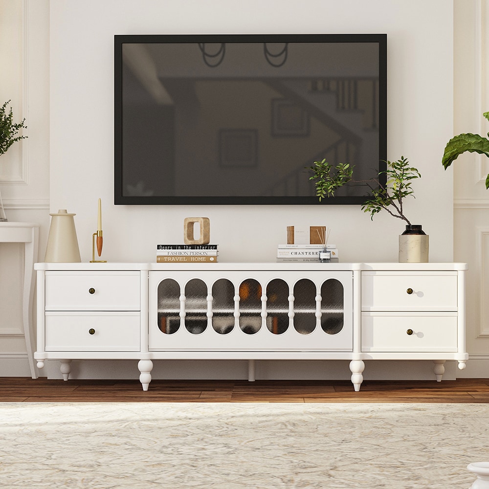 Homsee C-KF390106-01 Modern TV Stand with Glass Doors Drawers and Shelves for TVs up to 70 Inches Wood Entertainment Console 70.9''L x 15.7''W x 20.9''H White
