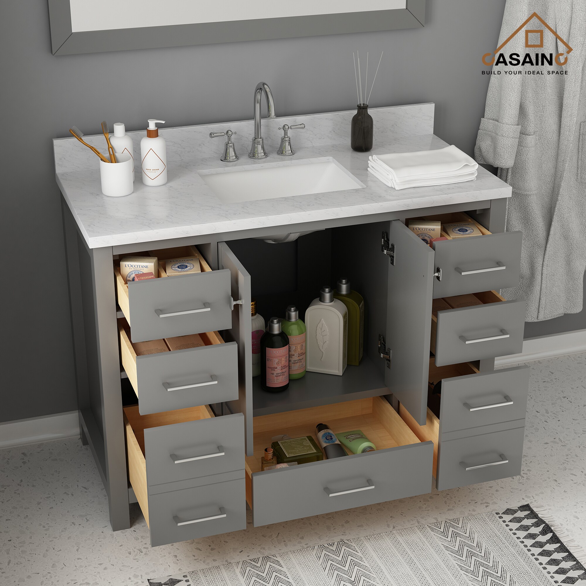 Casainc 48 In Gray Undermount Single Sink Bathroom Vanity With Off White With Speckles Marble 6736
