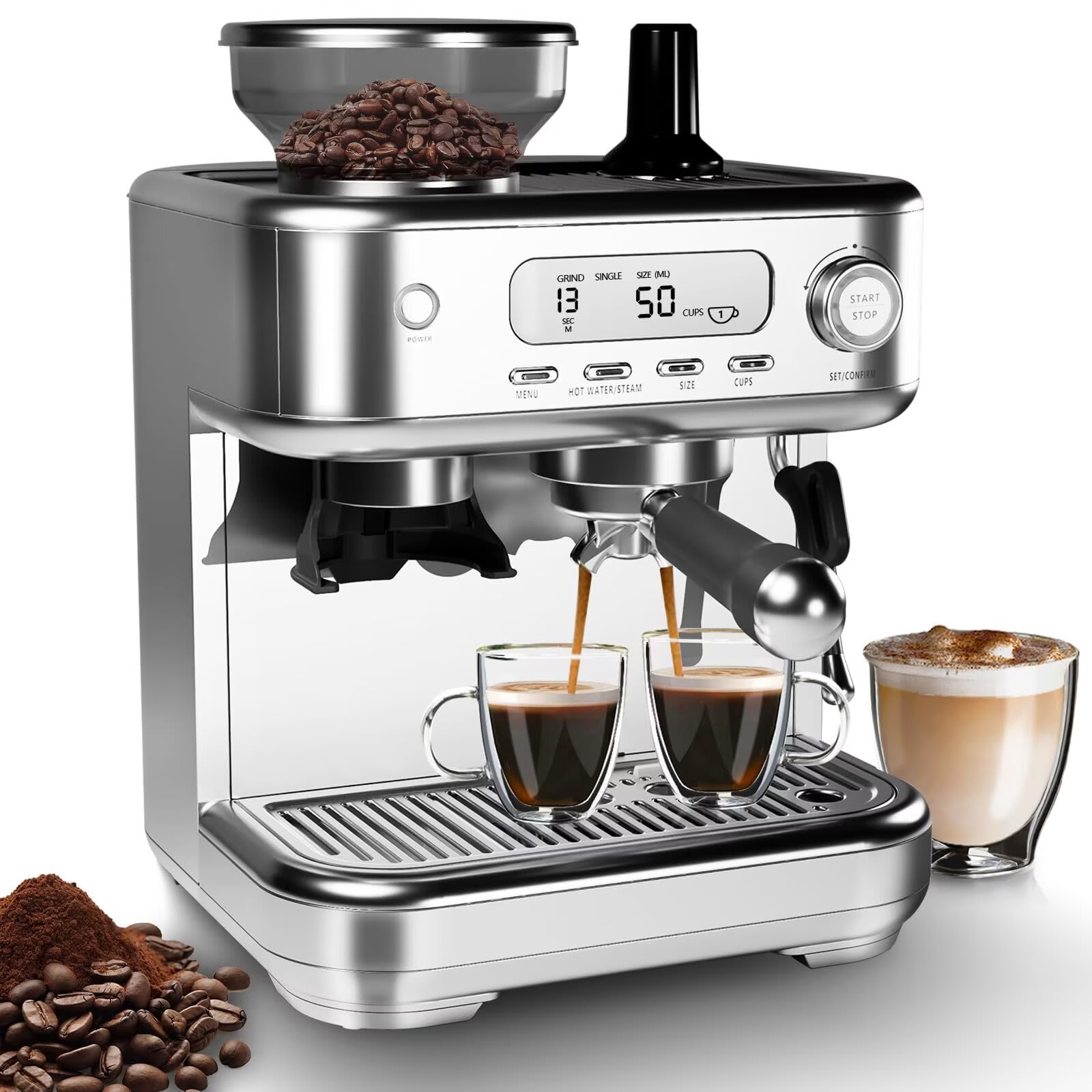 Qeetex JXNAG-PHO-0ZRKMFUG Espresso Machine 15 Bar LCD Display Espresso Maker with Grinder Milk Frother and PID Temperature Control Professional Coffee Maker for Latte Cappuccino-8.8 Oz Bean Hopper