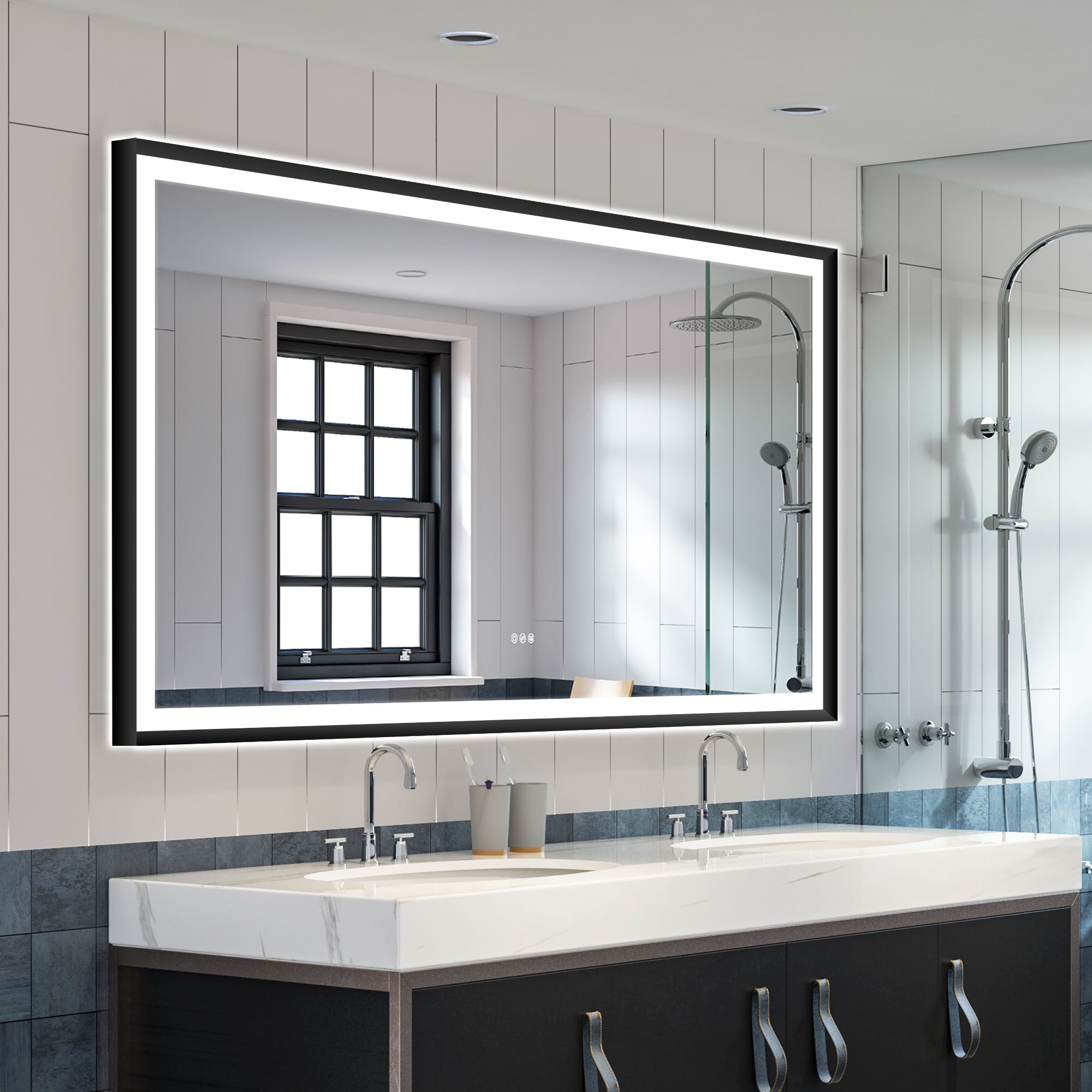 WELLFOR W6FM7236MB LUKY LED Framed Mirror 72-Inches x 36-Inches Framed Rectangle Dimmable LED Lighted Fog Free Bathroom Vanity Mirror ( Matte Black )