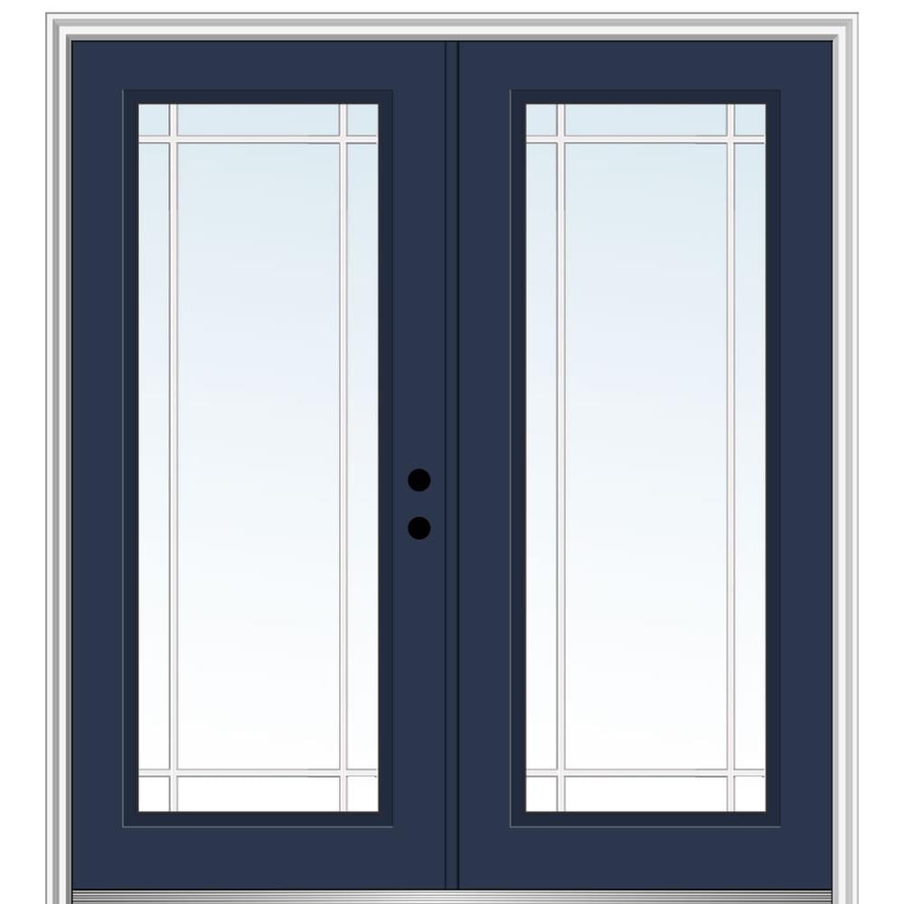 MMI DOOR ZZ11978L 64-in x 80-in x 4-9/16-in Fiberglass Full lite Left-hand inswing Naval Painted Prehung Double Front Door with Brickmould Insulating core with Grilles