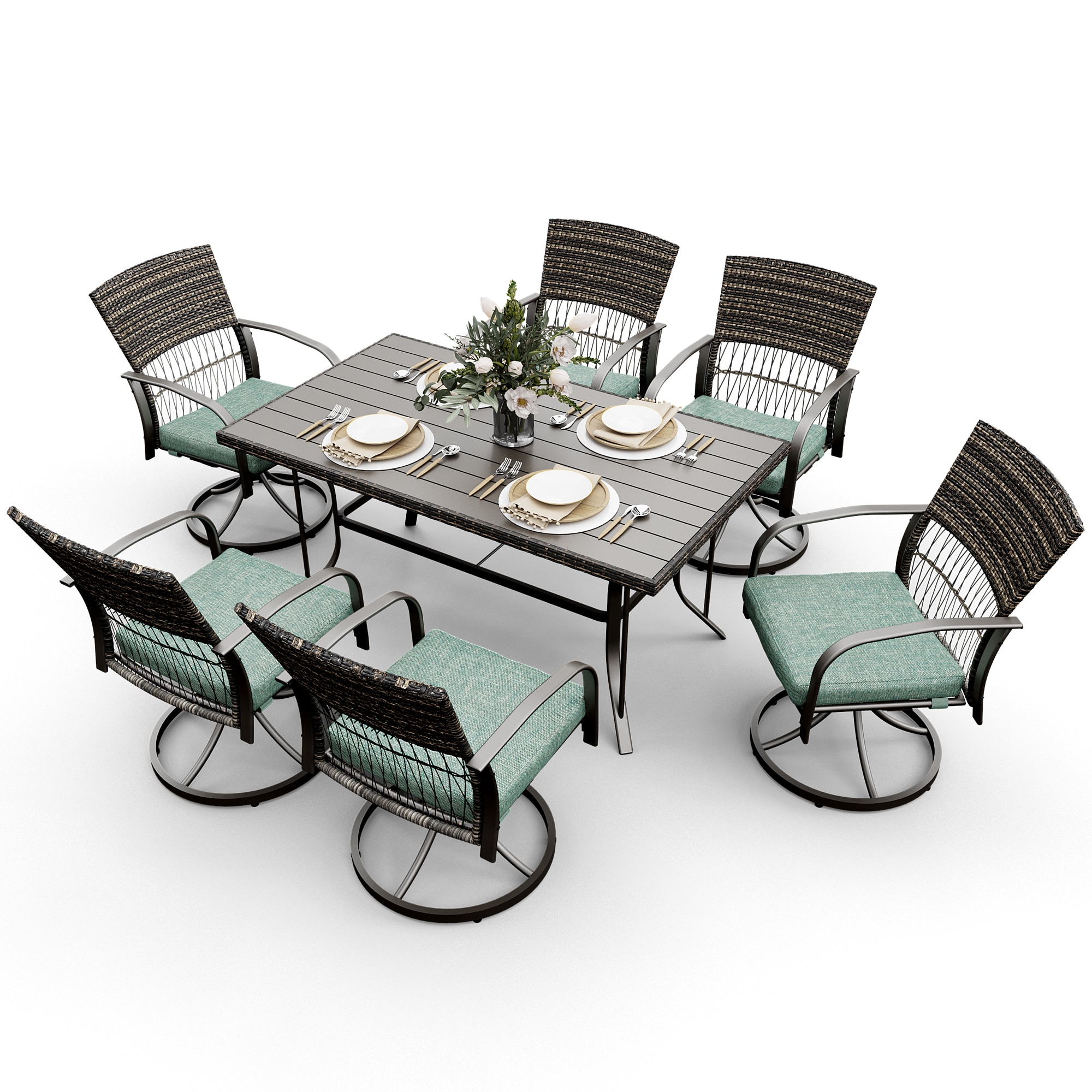 PamaPic TB-CZ-ZY-7JT-L-WL1 7 -Piece Black Rattan Patio Dining Set Iron Rectangle Table with 6 Green Cushions Swivel Chairs