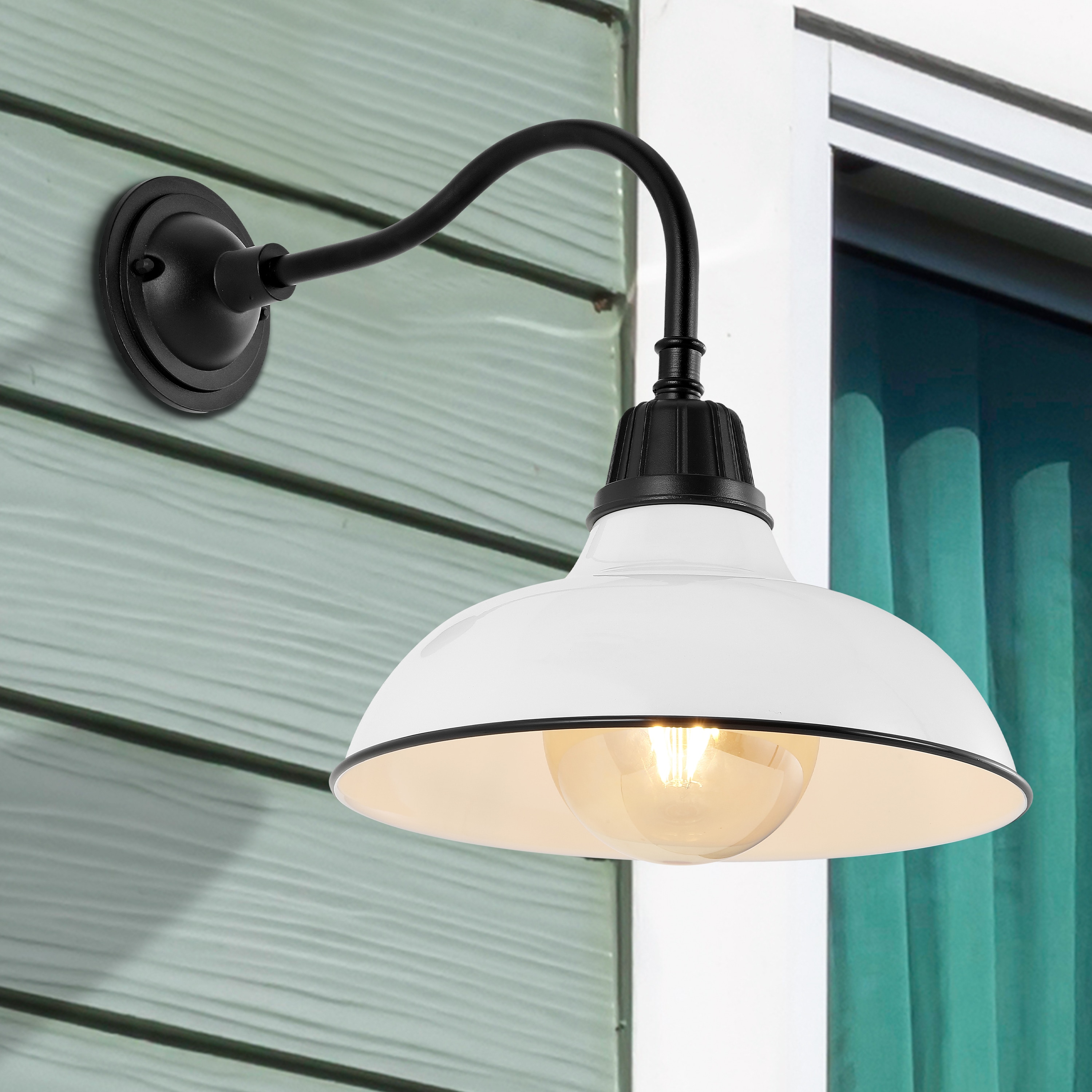 JONATHAN  Y JYL7613A Aurora Farmhouse Industrial Iron Gooseneck Arm 1 -Light 16.5-in H Polished White Hardwired Outdoor Wall Light