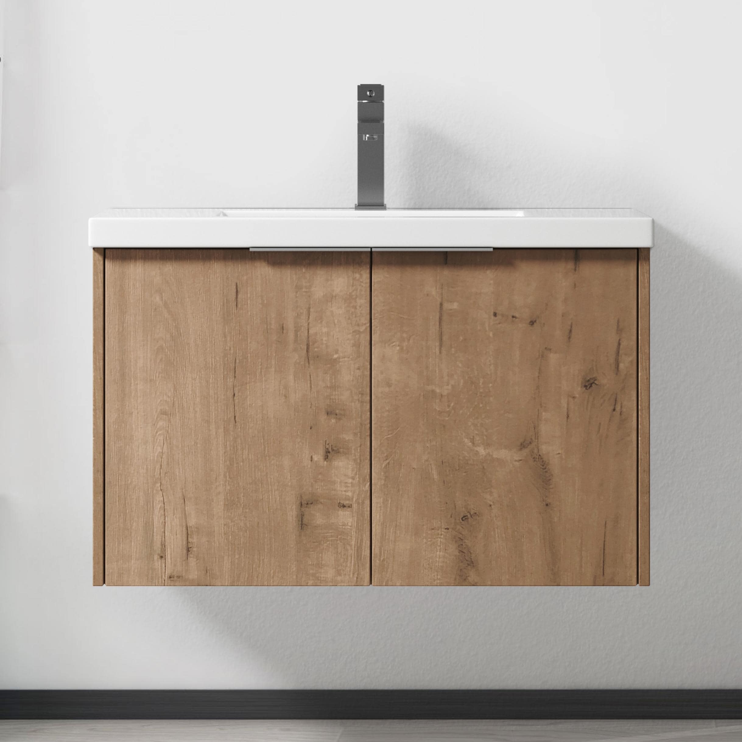 WELLFOR GLEM-50715 30-in White Oak Single Sink Floating Bathroom Vanity with White Solid Surface Top