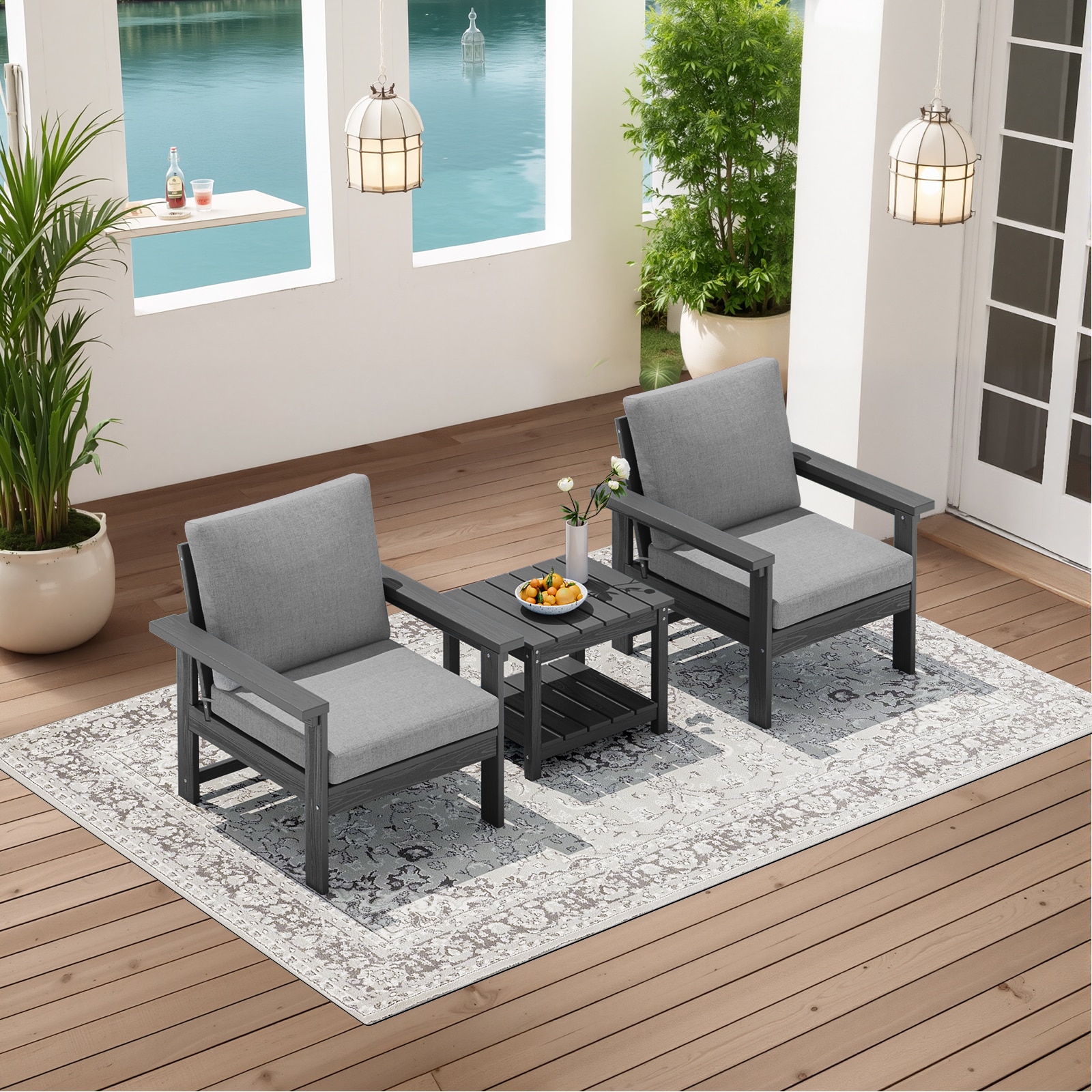 VOUA ZHSF03-BJ-GY Patio Conversation Set for 2 with Side Table 3 -Piece Patio Conversation Set with Gray Cushions