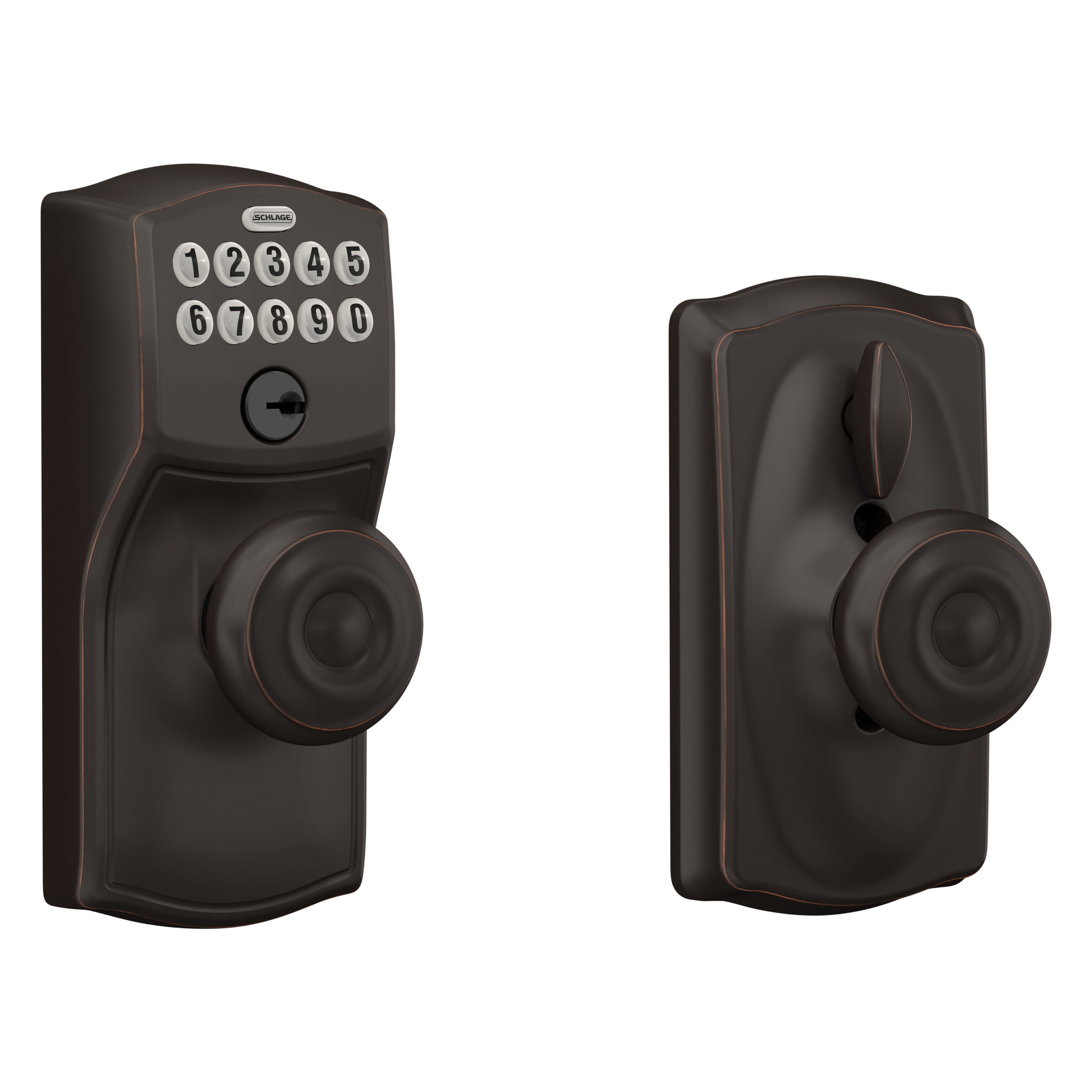 Schlage Customizable Keying Camelot-Georgian Aged Bronze Electronic Knob with Keypad FE595 CAM 716 GEO G Sansujyuku sansujyuku.com