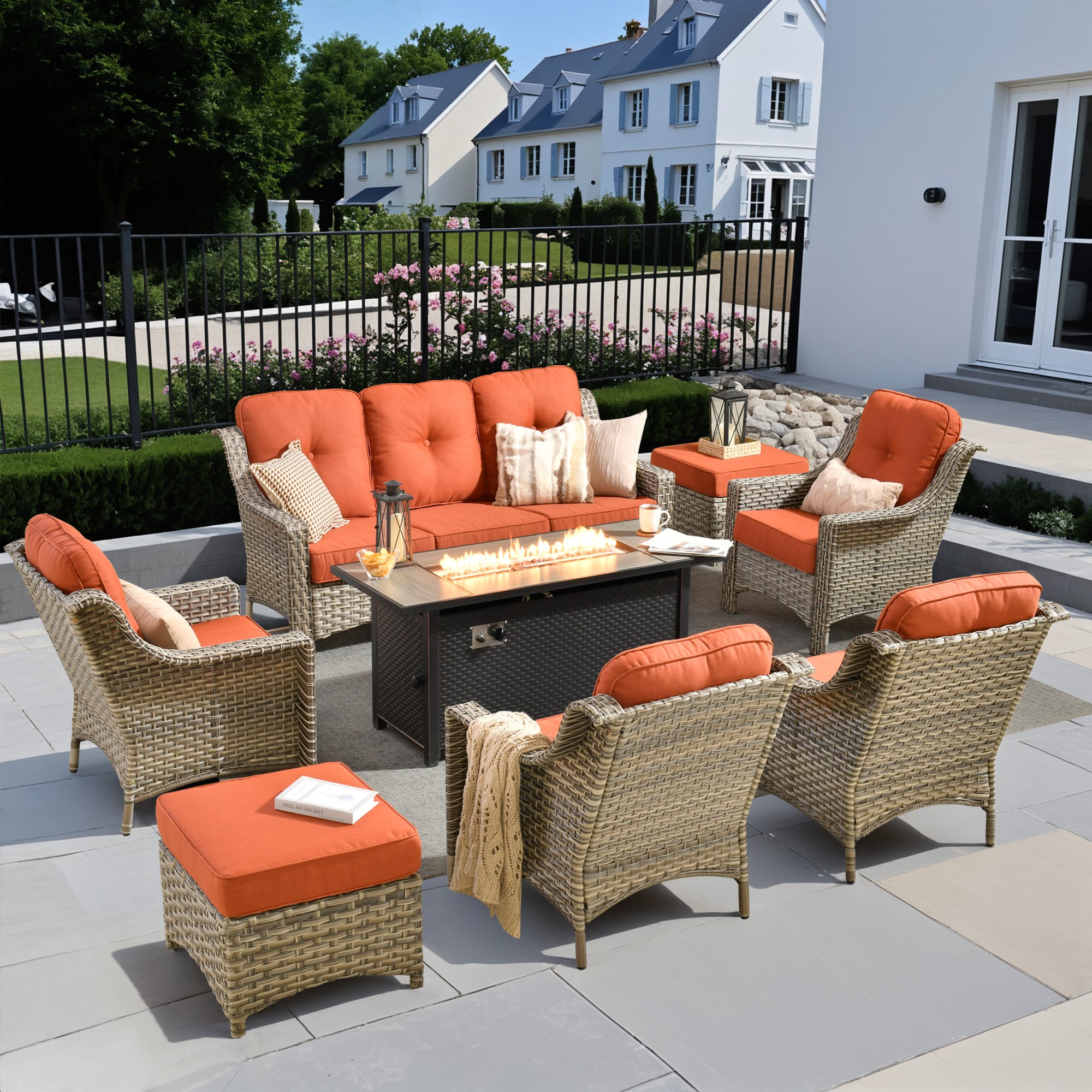Pouuin SDFPAD80C8 8 -Piece Wicker Patio Sofa Conversation Set with Red Cushions