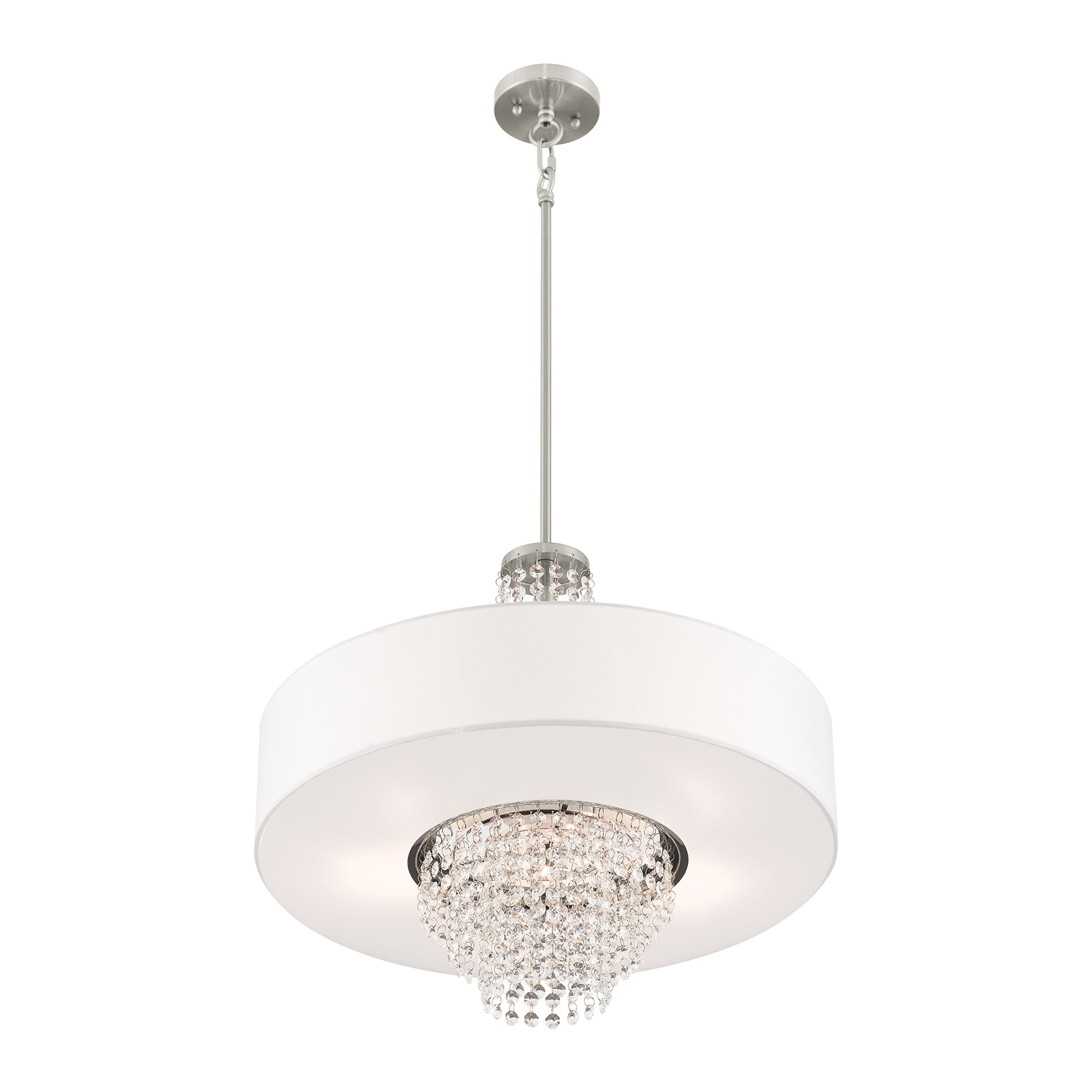 Carlisle Brushed Nickel Drum Pendant with Clear Crystals and Off-White Shade