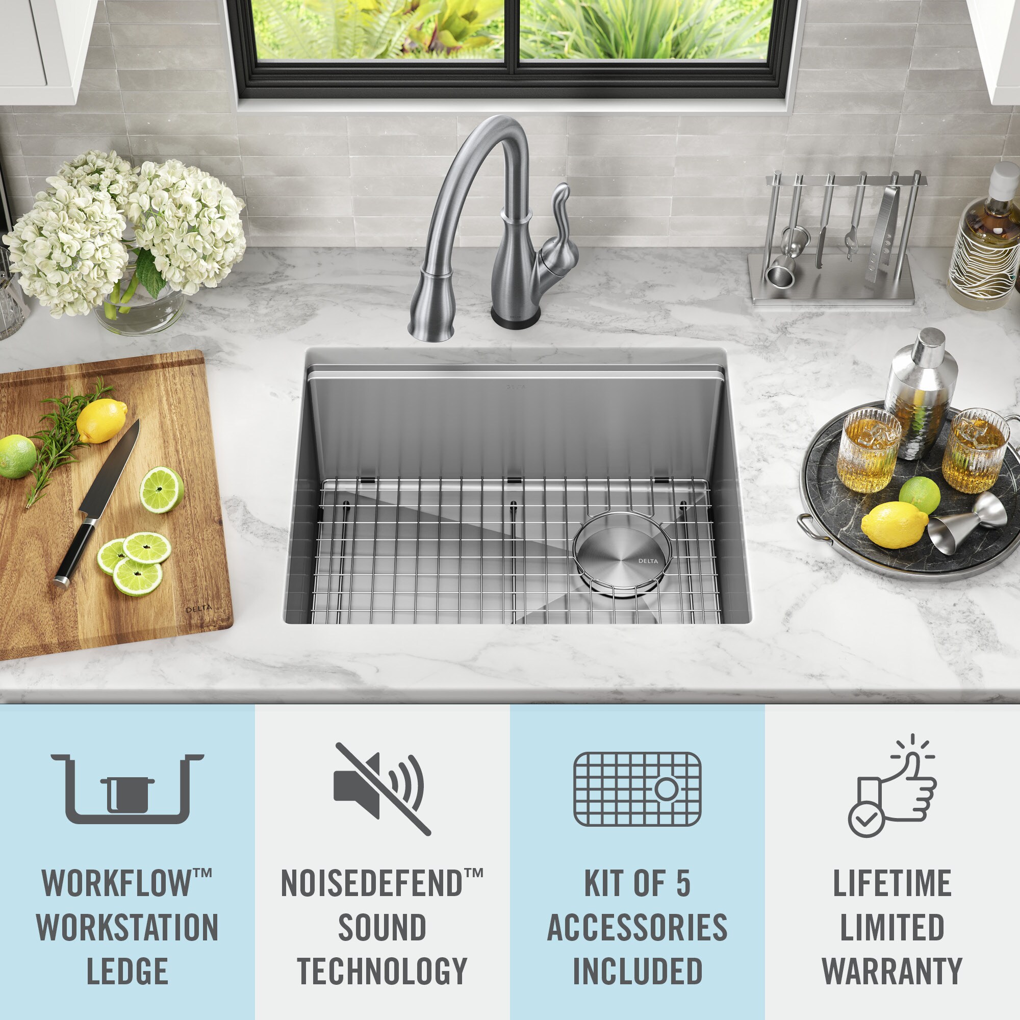 Delta - Rivet 32in Workstation Kitchen Sink Undermount 16 Gauge Stainless Steel Single Bowl with Workflow Ledge and Accessories