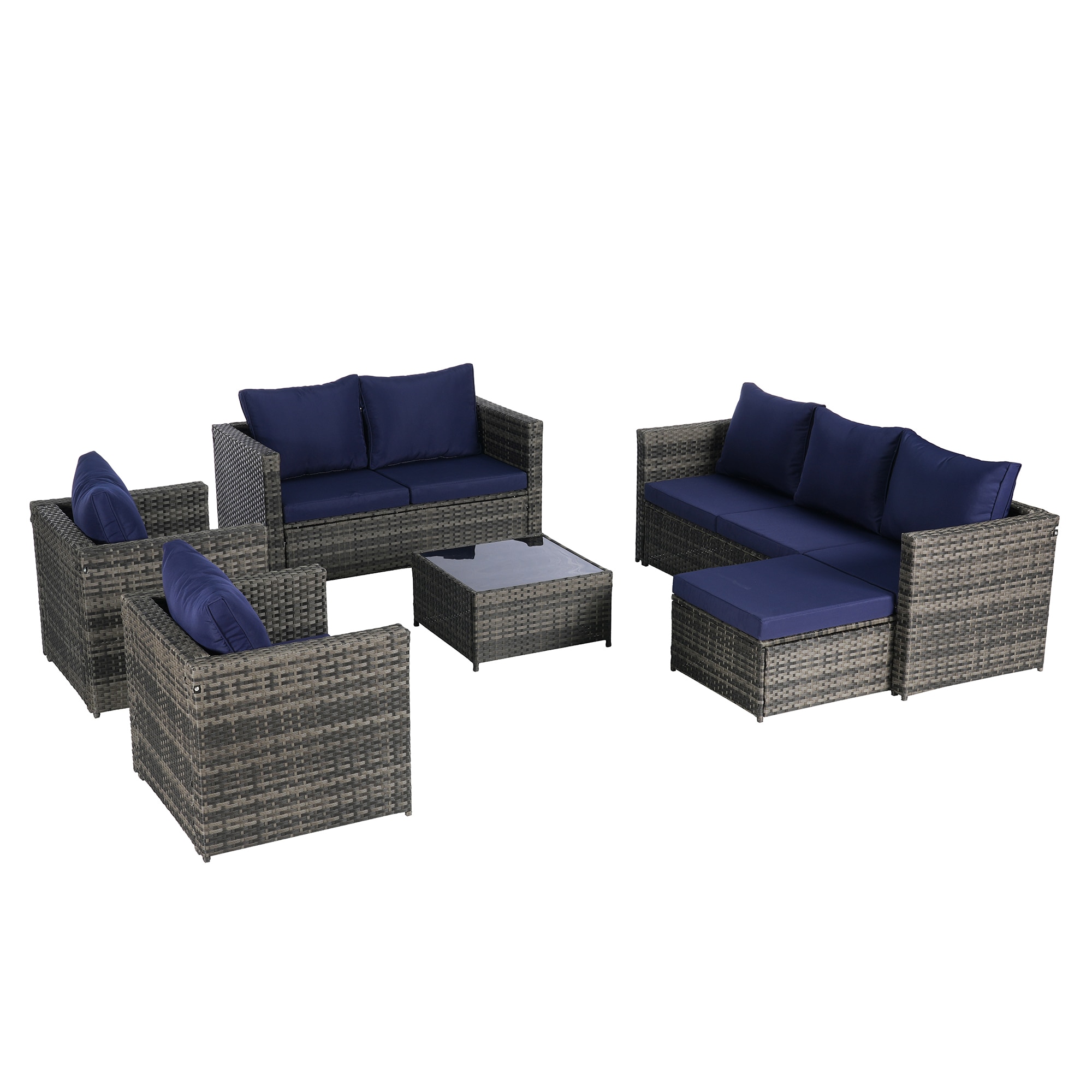 SINOFURN SYB670022BL 6 -Piece Wicker Patio Sofa Conversation Set with Blue Cushions