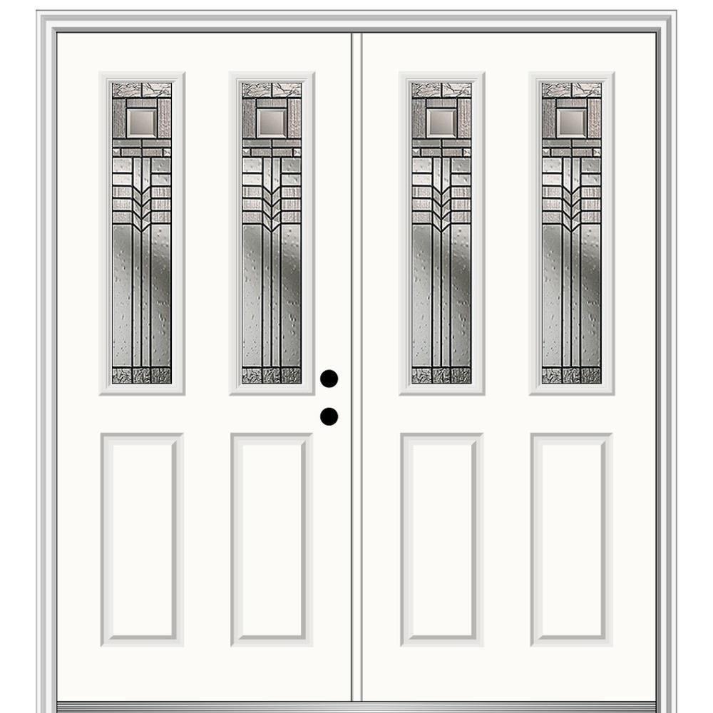 MMI DOOR 68-in x 80-in Low-e Grilles Between The Glass Primed Fiberglass  Center-hinged Right-Hand Inswing Double Patio Door Brickmould Included in  the Patio Doors department at